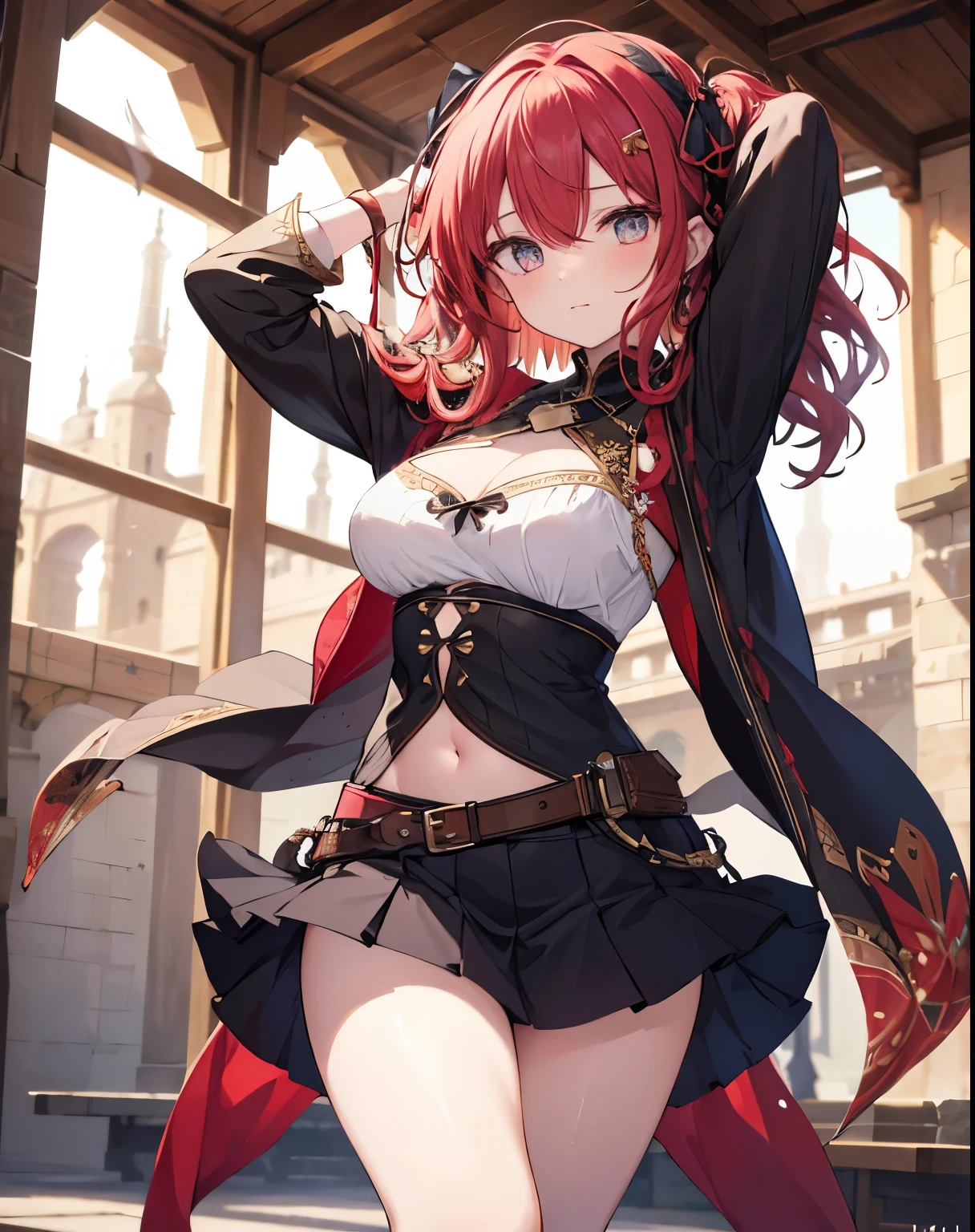 masterpiece,best quality, wizzard, short hair, red hair, ((twin tail)), red eyes, cloak, red_ornamentedium_tits)), exposed belly, 1girl, legs exposed, strikes, Perfect face, short skirt, knee socks,add_detail:1, add_detail:0, add_detail:0.5, moody light，and the sun was shining brightly，8k，hyper-detailing, ((staff_weapon)), from behind, ((ass)), looking back, thong
