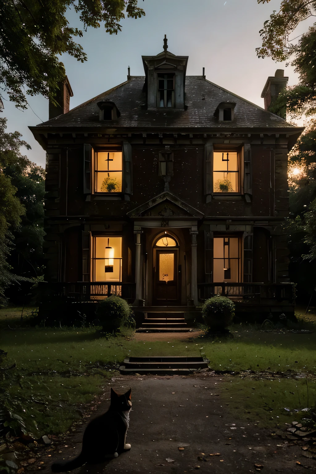 an old abandoned large mansion stands in the forest at dusk, the lights are on in the windows, the cat is sitting on the doorstep, Diminution