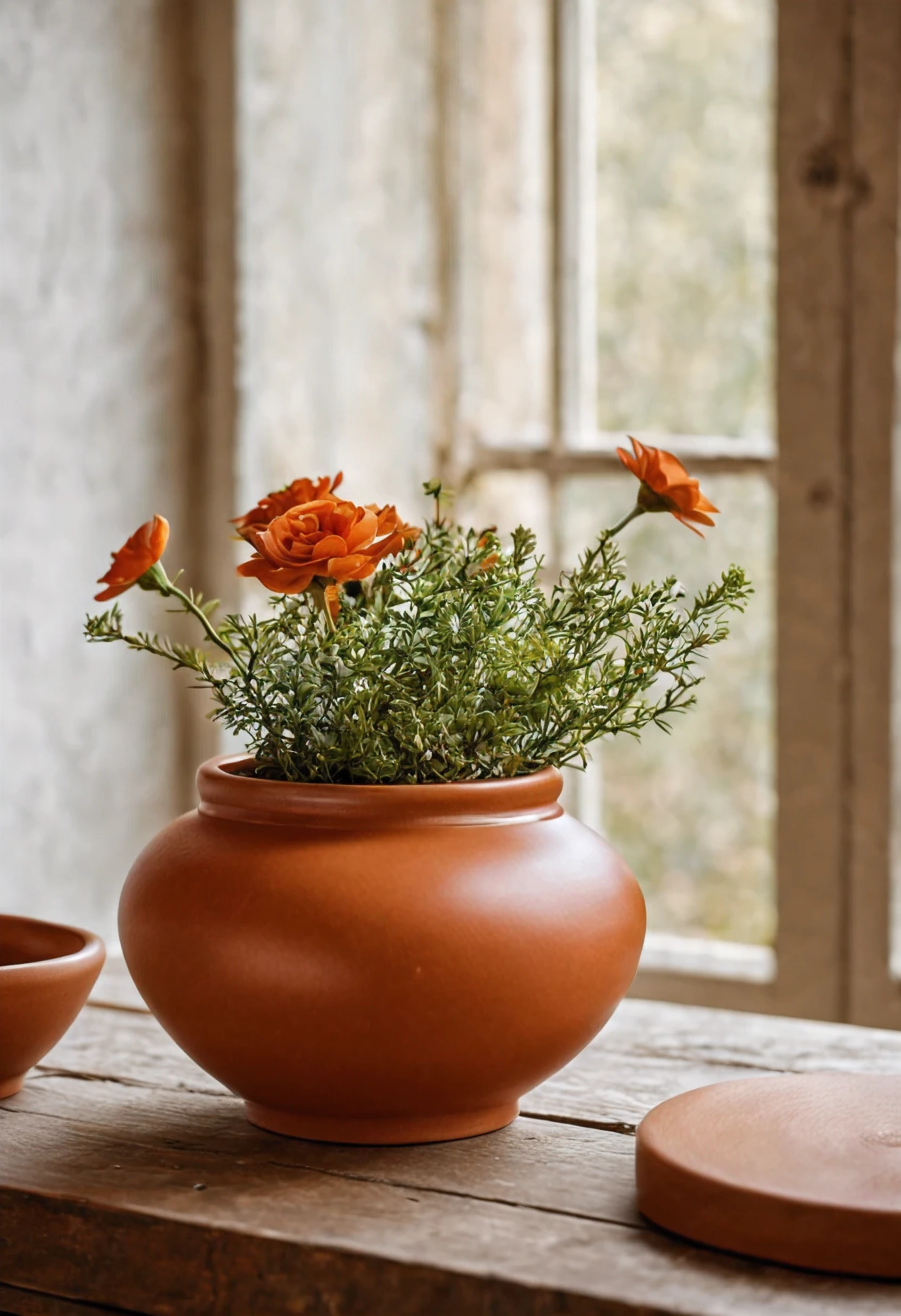 A simple but elegant vintage terracotta colored ceramic sugar bowl., con un acabado liso y brillante, is placed on a rustic wooden table. The design of the bowl is minimalist., desprovisto de patrones intrincados o florales, enfatizando la belleza del color terracota. Its lid is finished with a delicate porcelain flower handle.. The scene is bathed in soft, luz natural desde una ventana cercana, casting subtle shadows and highlighting the smooth texture of the ceramic. The contrast between the natural grain of the wood of the table and the simplicity of the terracotta sugar bowl is striking... The scene is captured in high resolution photography., mostrando cada fino detalle.