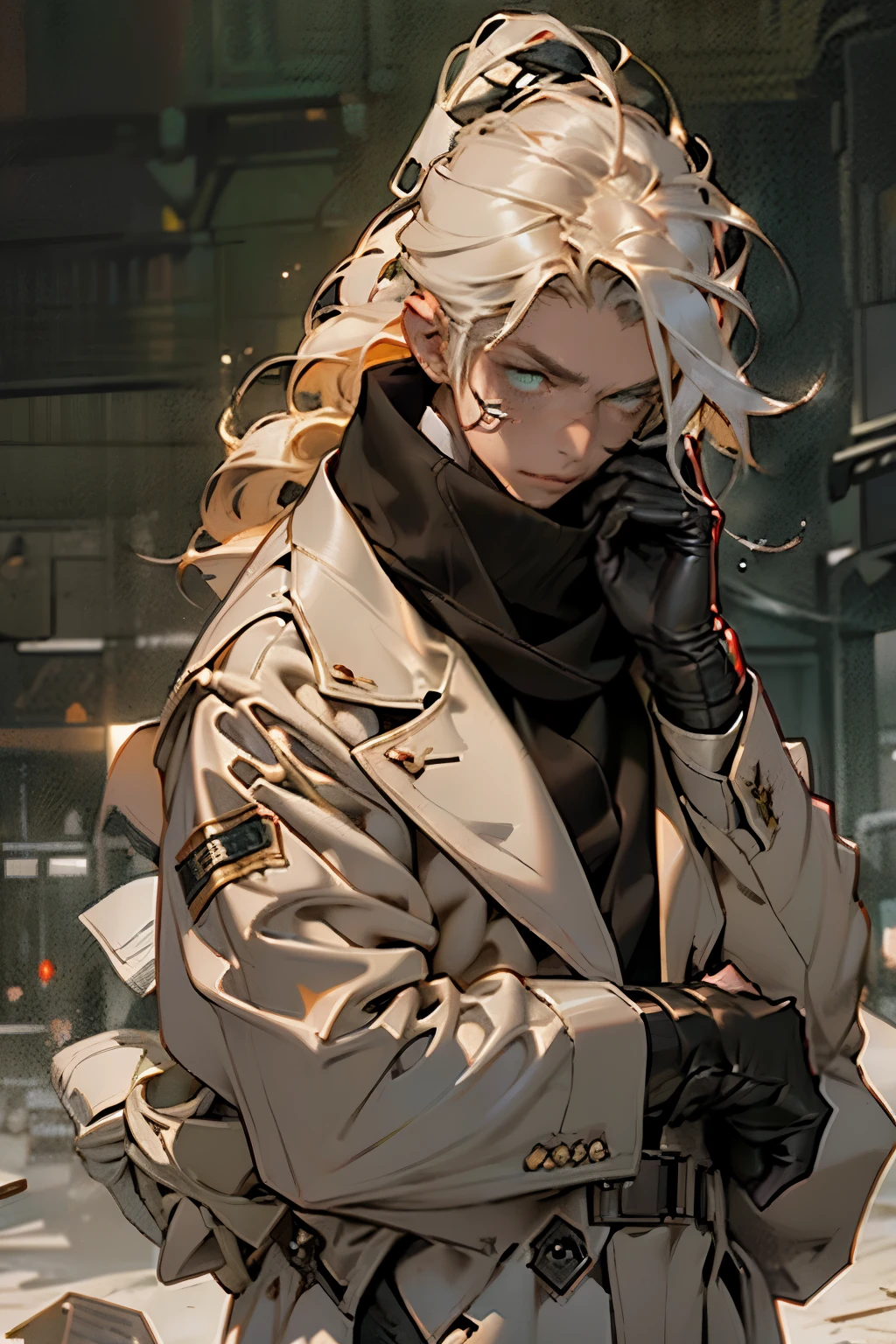 One with a hat、Drawing of man in coat putting hands on face, long white hair,beige hat,Beige trench coat,Golden green eyes,earthy red scarf,fair skin,black leather gloves ,dark background,Two-dimensional style