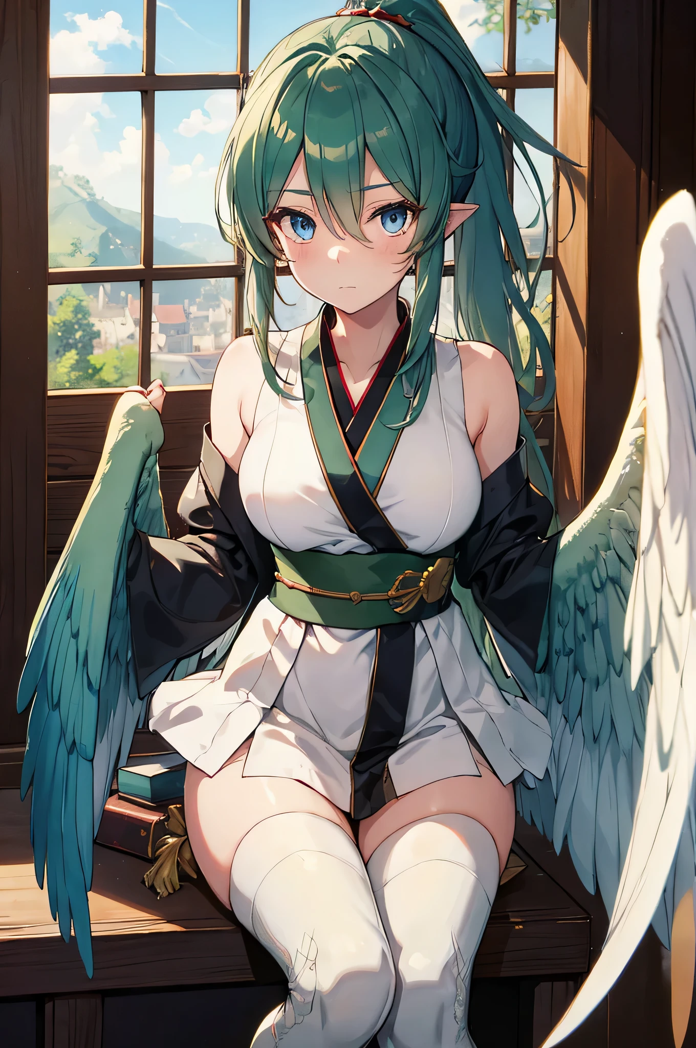 4k,High resolution,one woman,harpy,dark green hair,short ponytail,blue eyes,medium breasts,white wings,golden toenails,shrine maiden,shrine maiden服,No sleeve,medieval castle town,daytime sky