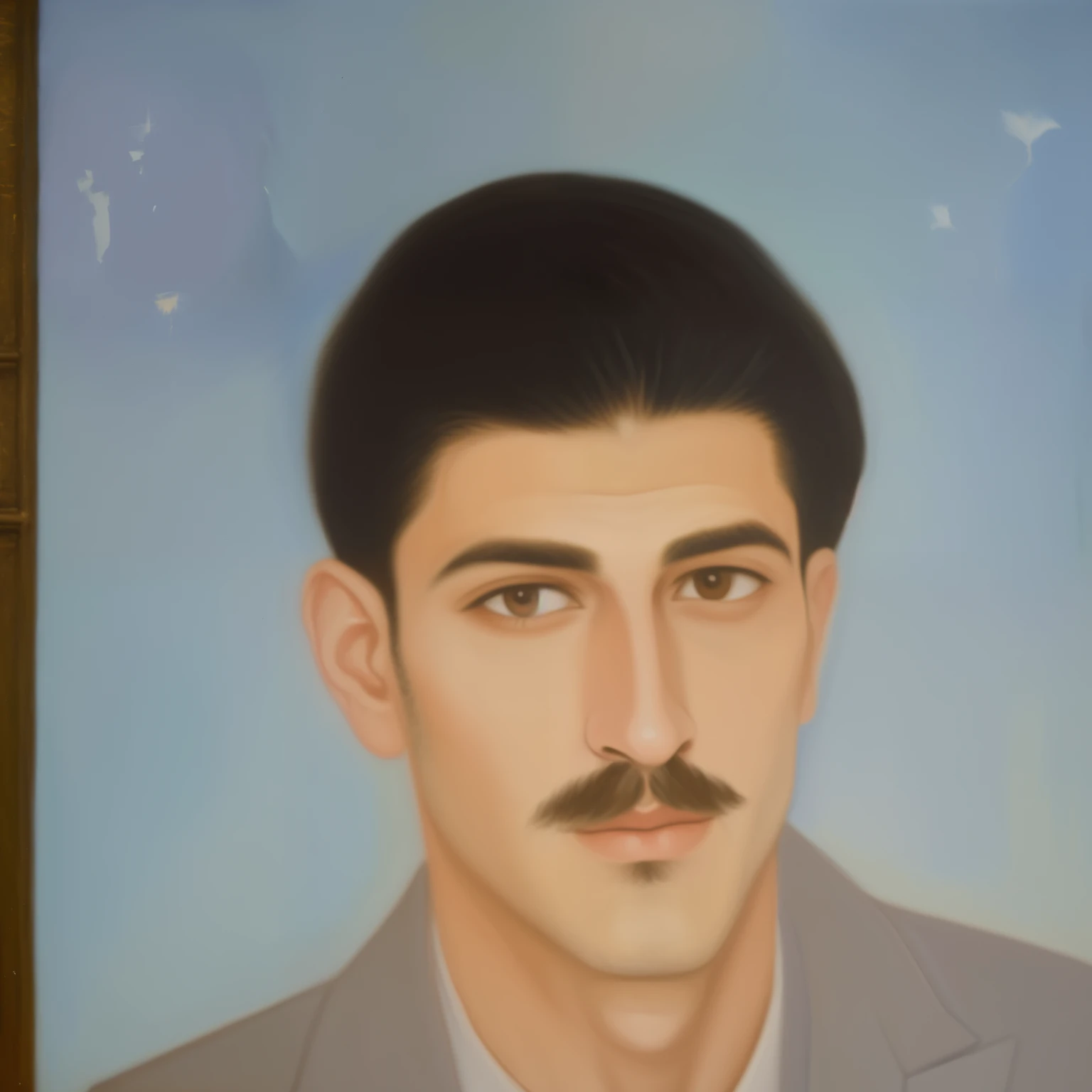 painting of a man with scar in eyebrows,long hair,mustache and a suit jacket, painting of a man, Potrait, oil panting, Mohamed Chahin, around 19 years old, oil paiting, inspired by Abdur Rahman Chughtai, portrait!!!!!!, dictal painting, oil panting on canvas, beatufil painting, [ oil painting ]!!