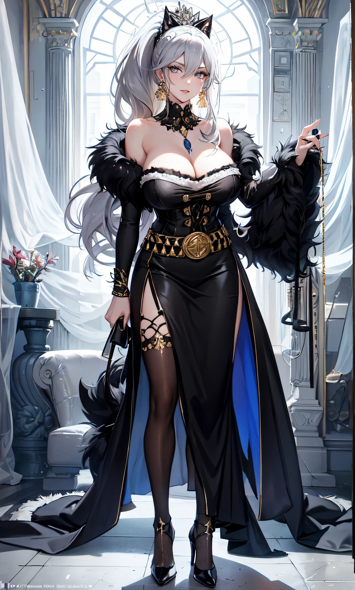 The city outside the window,(gray hair:2.0),Slender high straight ponytail,gold headband,Standing close-up,dream world,Mature lady,(Slender blue phoenix eyes,lipstick,long eyelashes),long eyelashes,Contact lenses,gemstone gold necklace,(Off-the-shoulder black fur dress,fur tube top,Plush tube top,fur strapless,wide cuffs,Long skirt,belt:2.0),fur tube top(big breast)ballroom background,(soft light and shadow:1.9),fur high heels,black stokings,Detailedly drawn backgrounds