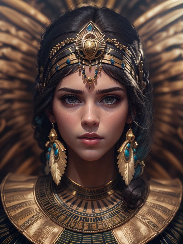 Close-up of a woman wearing a headdress and feathers, cleopatra portrait, beautiful cleopatra, ３ｄ, goddess, portrait, アステカ王女のportrait, goddessとしてのナタリー・ポートマン, cleopatra, 映画のgoddessのクローズショット, egyptian princess, goddessのクローズアップportrait, zbrush art, surreal fantasy art, Black Emma Watson becomes Egyptian, realistic digital art