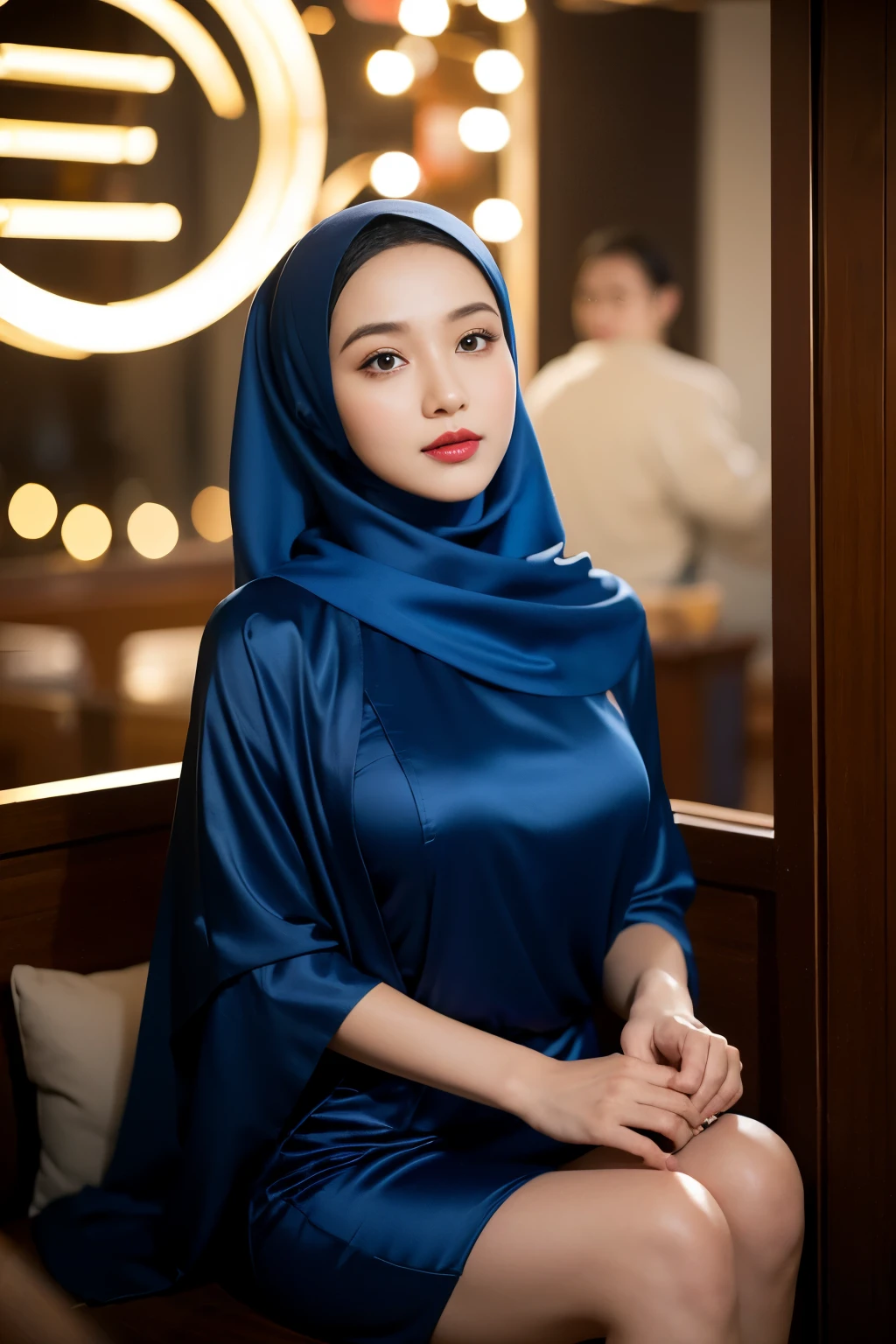 Half body portrait of a 33 years old malay woman sit in front of giant mirror, wearing hijab, wearing blue inner with satin gold slack, narrow waist, indoor shot, looking up at coffee shop sign, soft lighting, smirk face, circle bokeh , big breast, catwalk, morningtime, surrounded by a comfortable, cool atmosphere, looking at the viewer. (Skin details:1.3), hairy hands, Hijab, slim, red lips, seductive with bokeh camera background