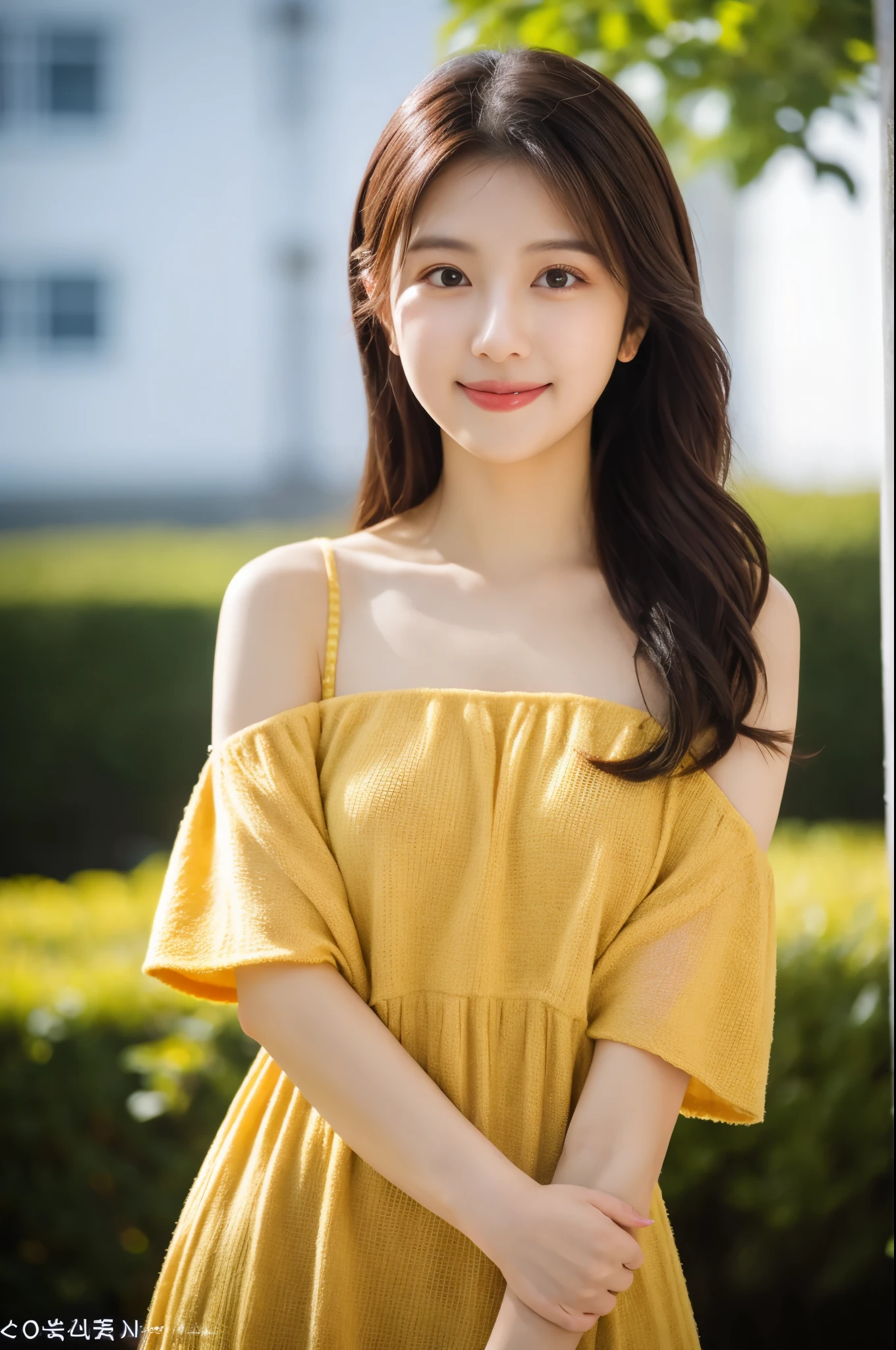 1 Girl,(Wearing an orange short-sleeved see-through blouse:1.3),(RAW Photos, Highest quality), (Realistic, Realistic:1.4), Tabletop, Very delicate and beautiful, Very detailed, 2k wallpaper, wonderful, In detail, Very detailed CG Unity 8k wallpaper, Very detailed, High resolution, Soft Light, Beautiful detailed girl, Very detailed目と顔, Beautiful and sophisticated nose, Beautiful and beautiful eyes, Cinema Lighting, Spring afternoon park background, Perfect Anatomy, Slender body, smile, Wavy long hair, (Random body orientation), face looking at the camera,