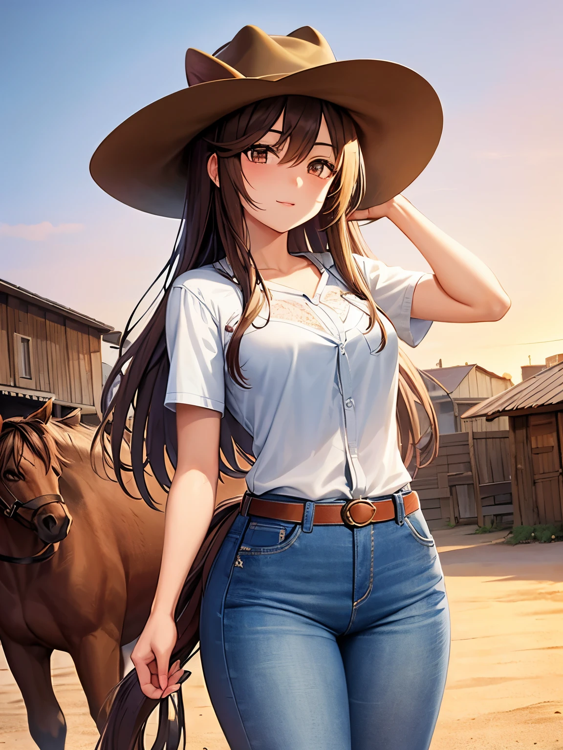 A western anime cowgirl, cowgirl, horses, outdoors, jeans, rough cowboy hat, western afternoon sky, horses in background, rural area, sand, western town, buildings, denim clothing, fringed cowboy shirt, sandy, perfect anime quality, masterpiece, perfect face, brown hair, hazel eyes, standing