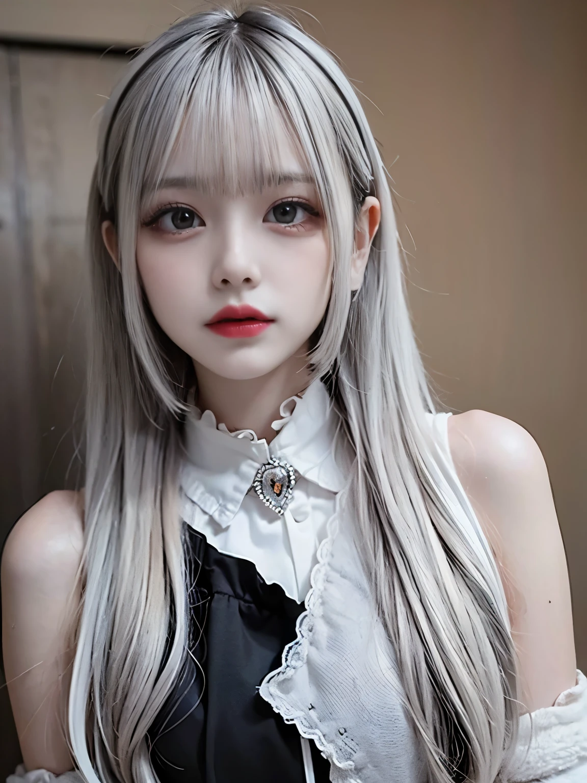 raw photo, 8k, (top-quality), Realistic, (real picture, Intricate details), (natural skin texture, detailed skin, hyper realism, sharpness), (Japanese teenage girl standing in an abandoned apartment building), ((jirai fashion with gray and white:1.6)), (pale skin:1.2), slender body, ((white hair, long straight hair, blunt bangs)), (glasses, seductive face, provocative look, Parted lips:1.3, eye shadow, eyeliner, tear bag, red lipstick), thigh, dusty room, cracked wall, Pile of rubble:1.3, spot lighting:1.3, cowboy shot