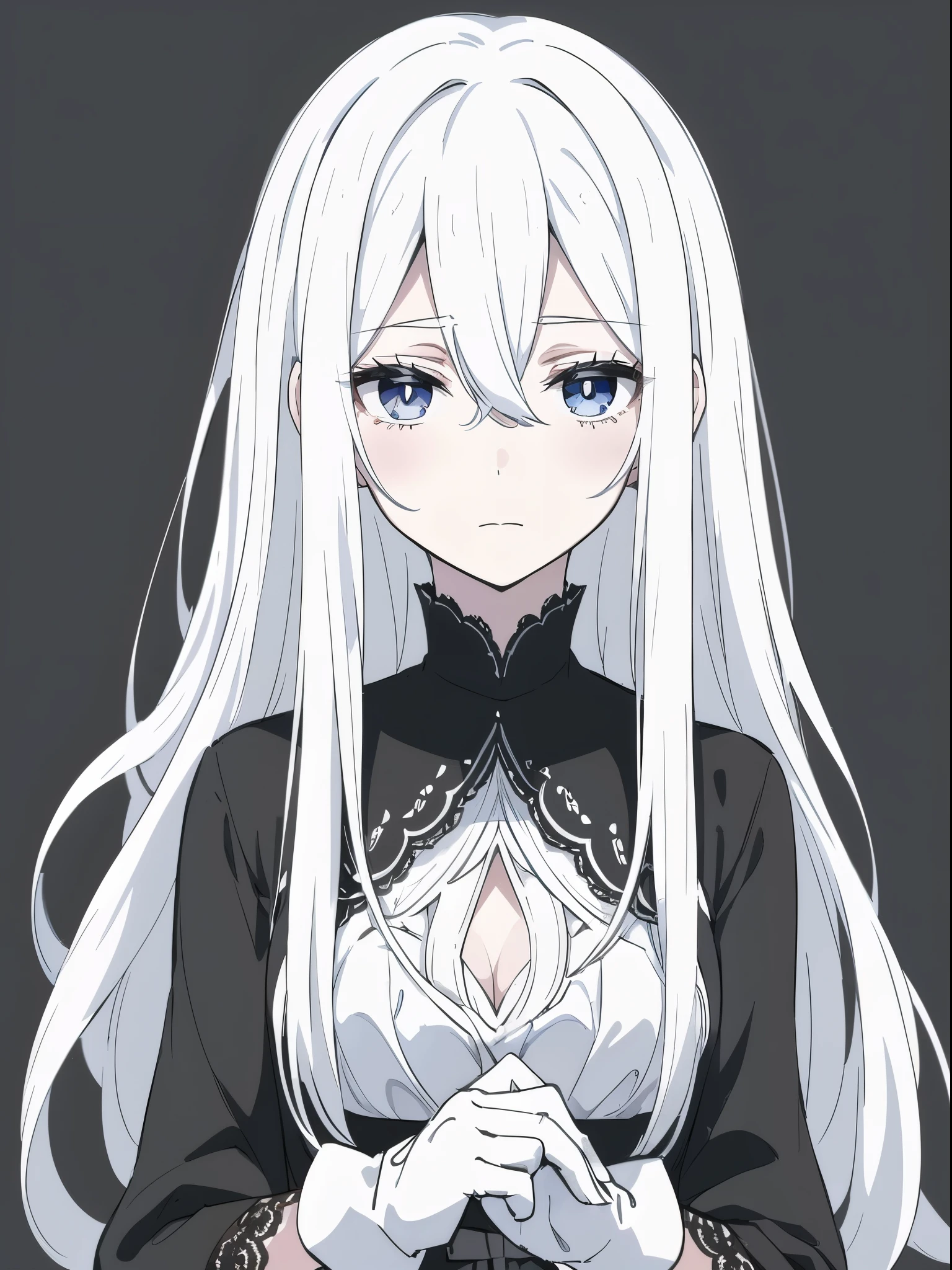 ((White hair)),((Head and Shoulders Image)),Sexy,A person,Alone,Simple style,pancake ,Simple details,Black background,Empty background,Black background wall,(20 year old woman),(Droopy hair),(White Gloves),(Evening Gown),(Lace Shirt),Lace,(confidence)