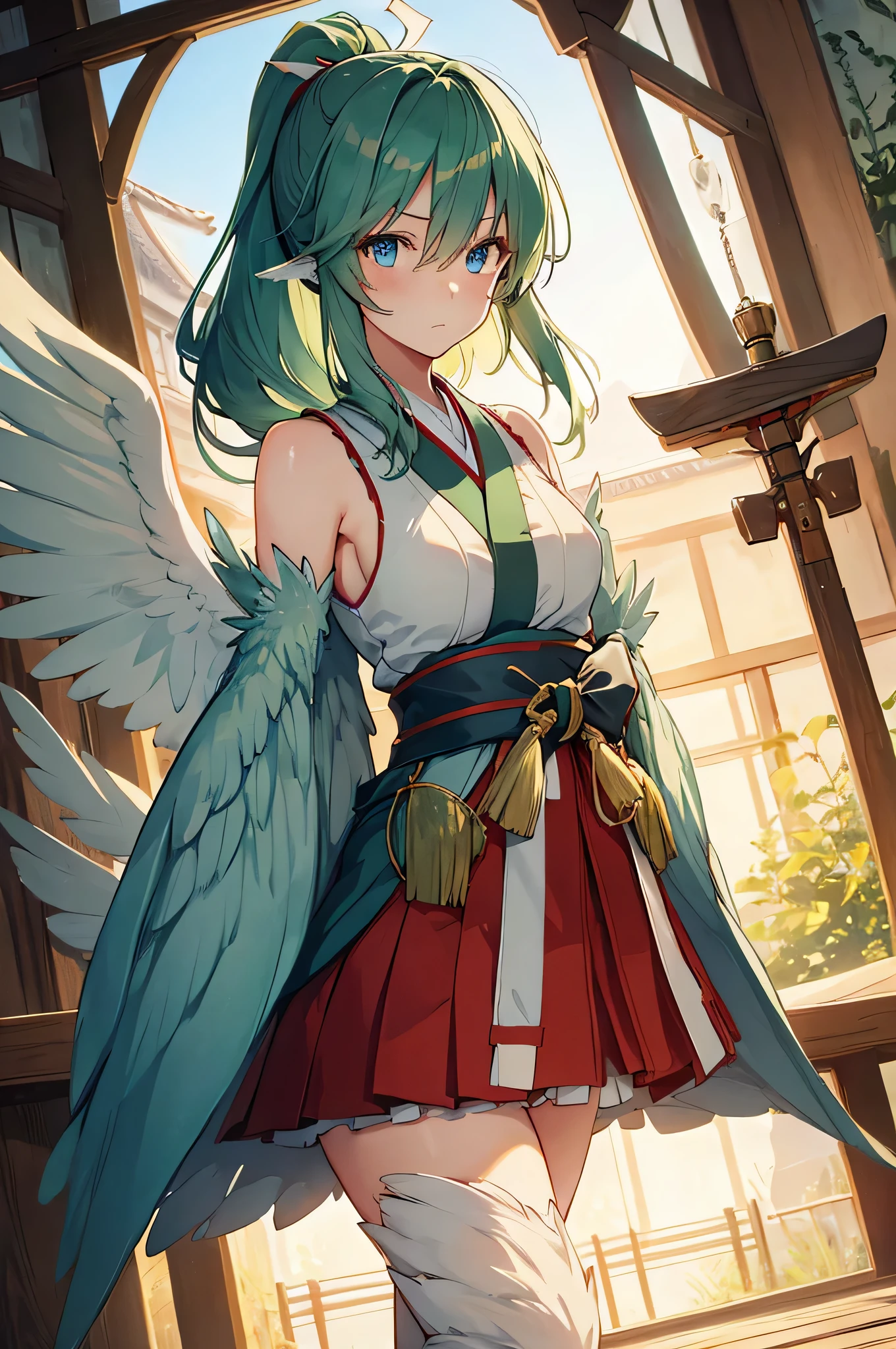 4k,High resolution,one woman,harpy,dark green hair,short ponytail,blue eyes,medium breasts,white wings,golden toenails,shrine maiden,shrine maiden服,No sleeve,medieval castle town,daytime sky