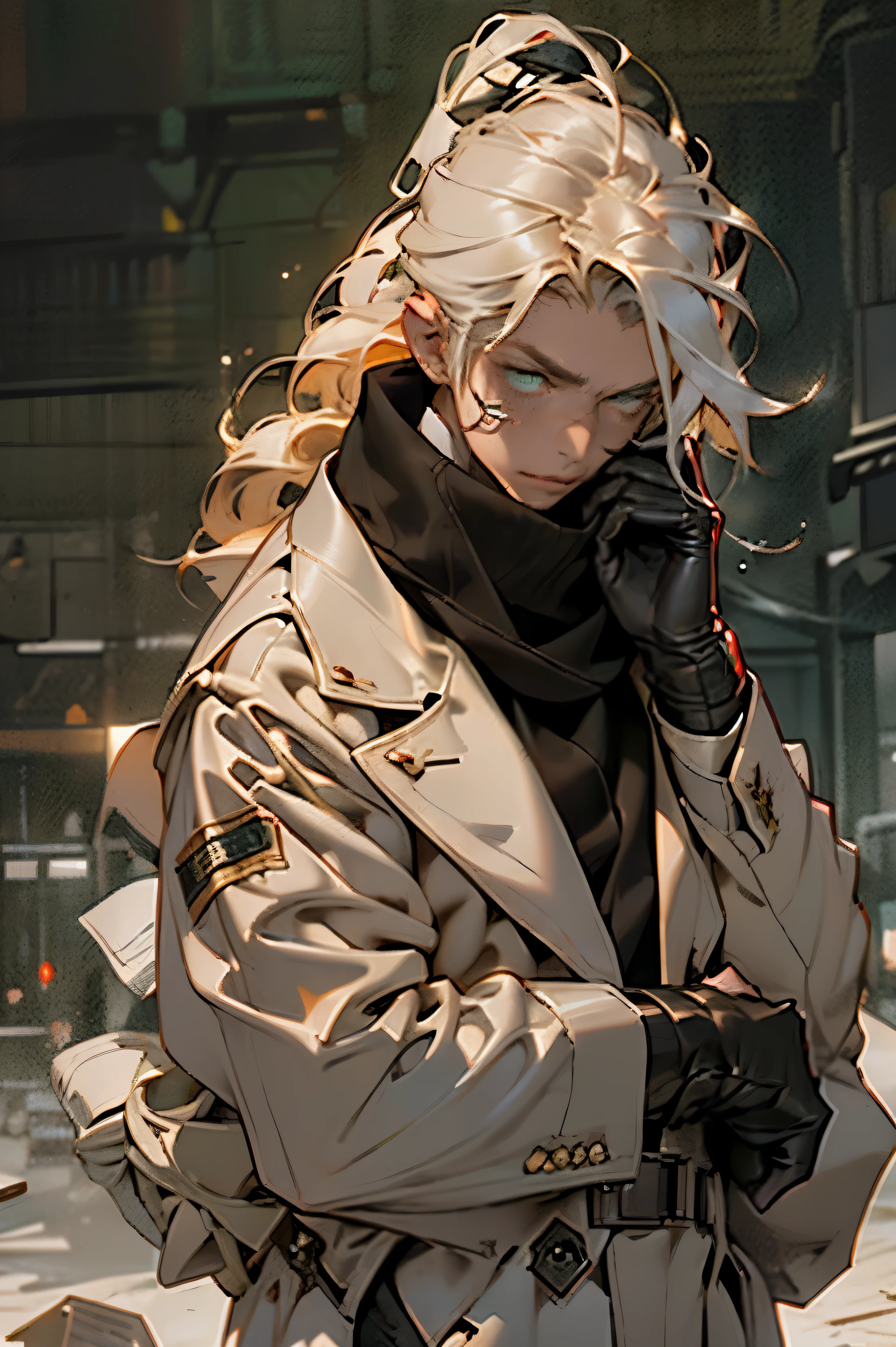 One with a hat、Drawing of man in coat putting hands on face, long white hair,Beige hat,Beige trench coat,golden green eyes,Earthy red scarf,White skin,black leather gloves ,dark background,Two-dimensional style