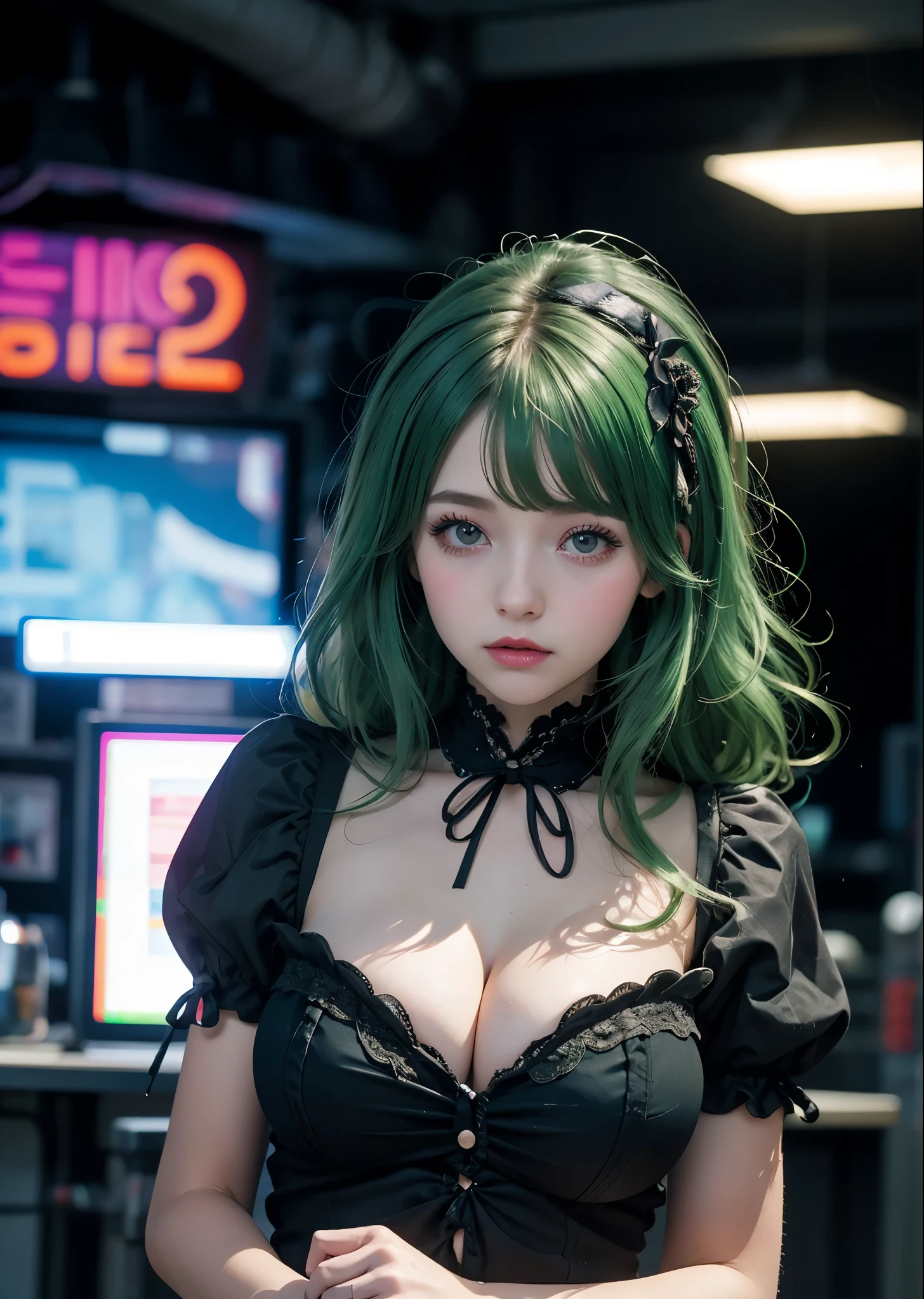 masterpiece、highest quality、Super detailed、official art、beautiful、1 girl、glitch art:1.5、colorful:1.5、green hair、length、Gothic ta Cosplay