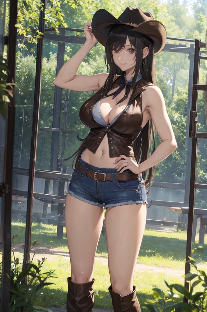 masterpiece, best quality, a sexy lady posed in shorts standing in grassy area, 1girl, full body, solo, outdoors, breasts, cleavage, shorts, long hair, brown leather vest, large breasts, hand on hip, looking at viewer, short shorts, red eyes, black hair, bangs, day, cowboy hat, denim, leather boots, denim shorts, bare arms, bare shoulders, cowboy shot