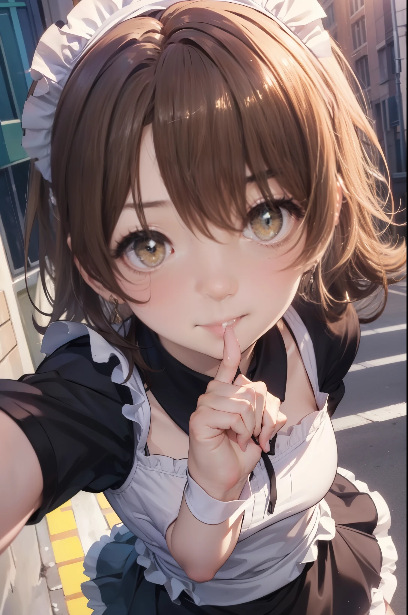 irohaisshiki, iroha isshiki, 長いhair,low ponytail, 薄い茶hair, (brown eyes:1.5), close your mouth,smile,skirtリフト, maid headドレス,cloth, hair, skirt, maid,walking,
break outdoors, In town,ビル街
break looking at viewer, (cowboy shot:1. 5)、break (masterpiece:1.2), highest quality, High resolution, unity 8k wallpaper, (shape:0.8), (fine and beautiful eyes:1.6), highly detailed face, perfect lighting, Very detailed CG, (perfect hands, perfect anatomy),
