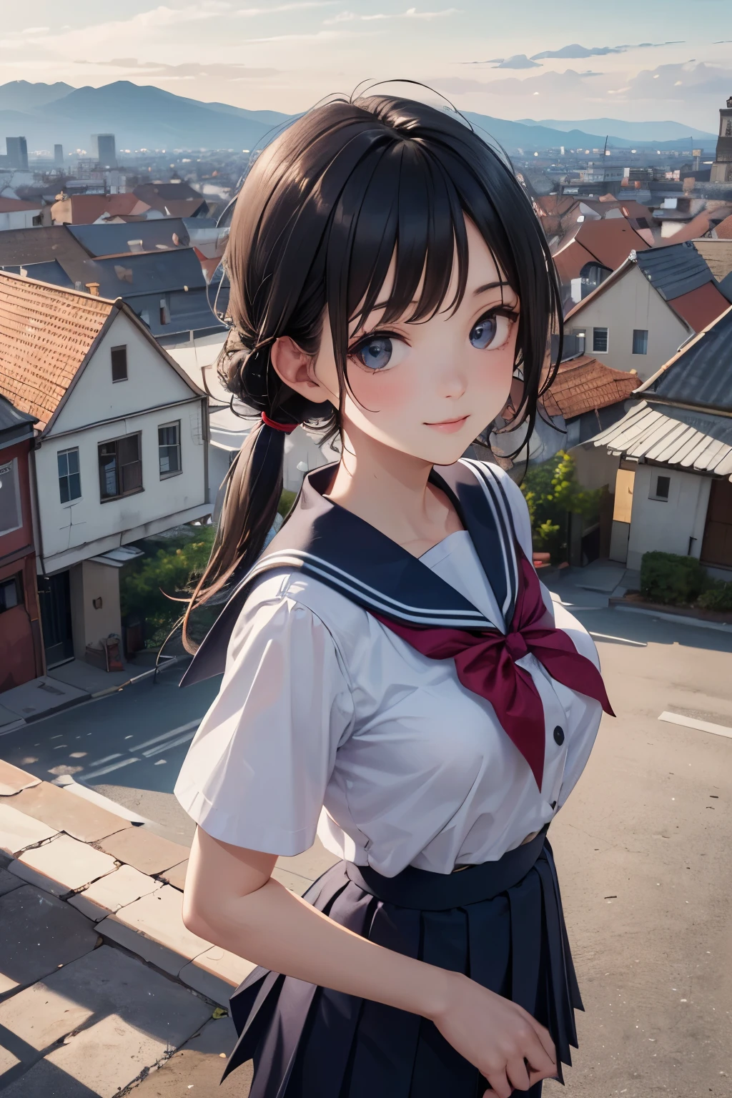 very cute and beautiful girl,(highly detailed beautiful face),
(smile),happy,black hair,low twintails,(sailor school uniform,pleated navy blue mini skirt),dynamic pose,looking at viewer,
many european houses with red roof,(town overview:1.2),
(best quality,masterpiece:1.2),absurdres,highres,ultra-detailed,extremely detailed,32k,8k resolution,
intricate details,cinematic scene,detailed background,solo,dynamic angle,
solo,hair fluttering in the wind,beautiful detailed sky,(realistic),perfect hands,