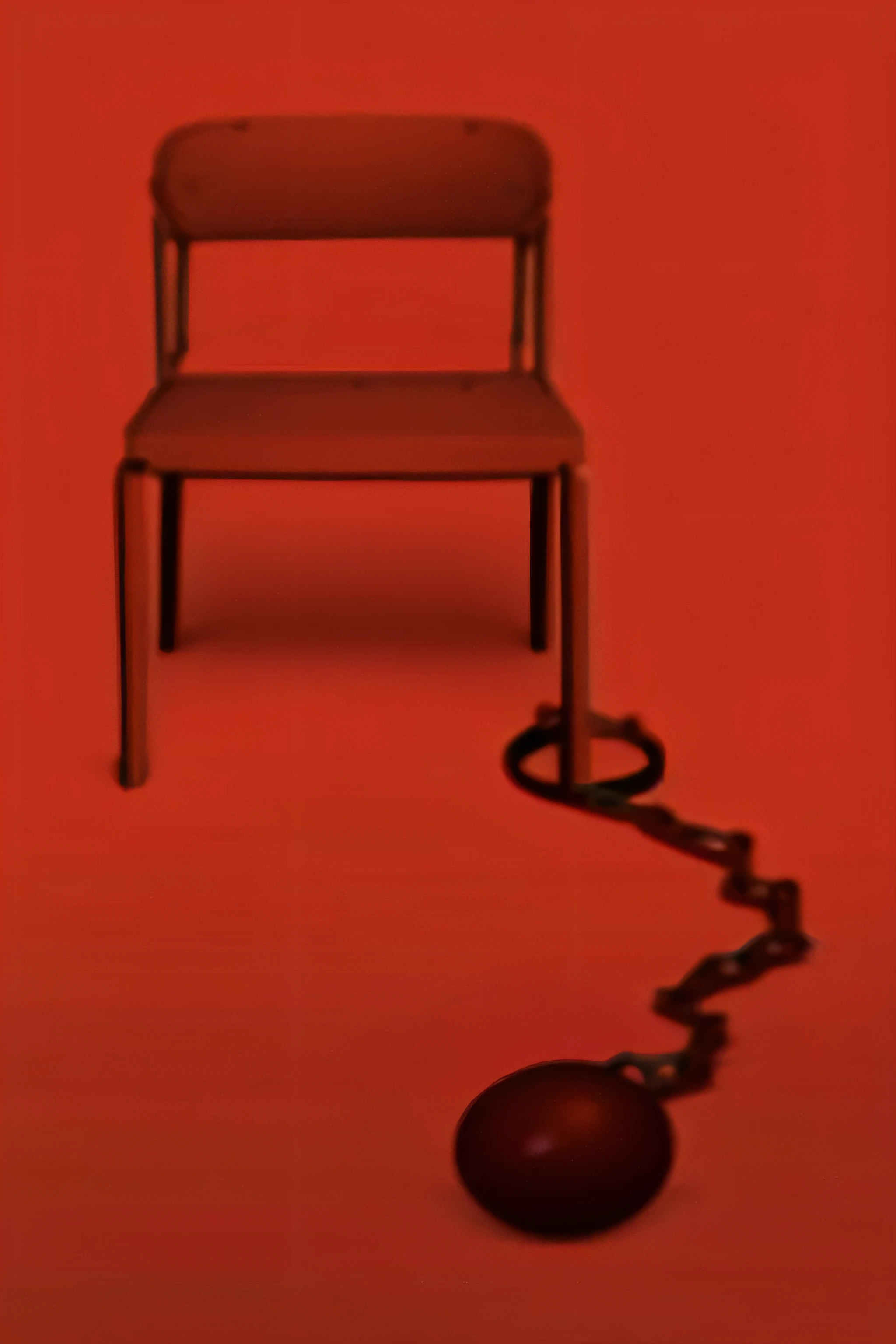 arafed Chair with a ball and chain around it and a Chair with a ball on it, tied with Chair, single Chair, Chair, Share photo, Facing the red curtain, photograpph credit: app, author：Jesper Knutson, Destructive, illustration], sitting on a Chair, author：Anna Forsley, red room, Sit across the room, illustration!