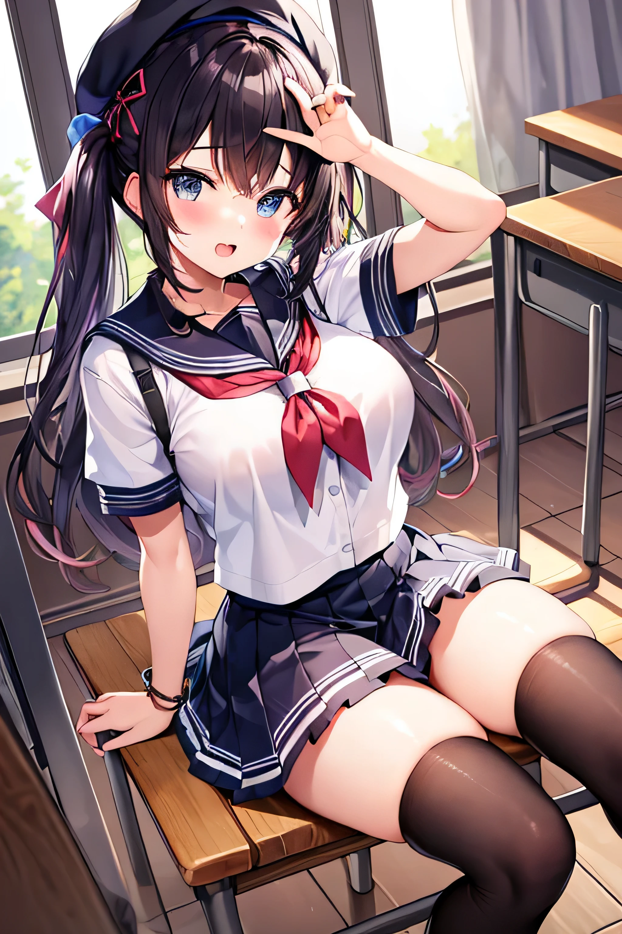 masterpiece、Highest image quality、ultra high resolution、teen girl with big tits、twin tail hairstyle、black hair、red face、mock、Open your mouth just a little、Short sleeve sailor school girl uniform、 for teenage schoolgirls、Knee high socks for teenage schoolgirls、white beret for teenage 、inside the classroom