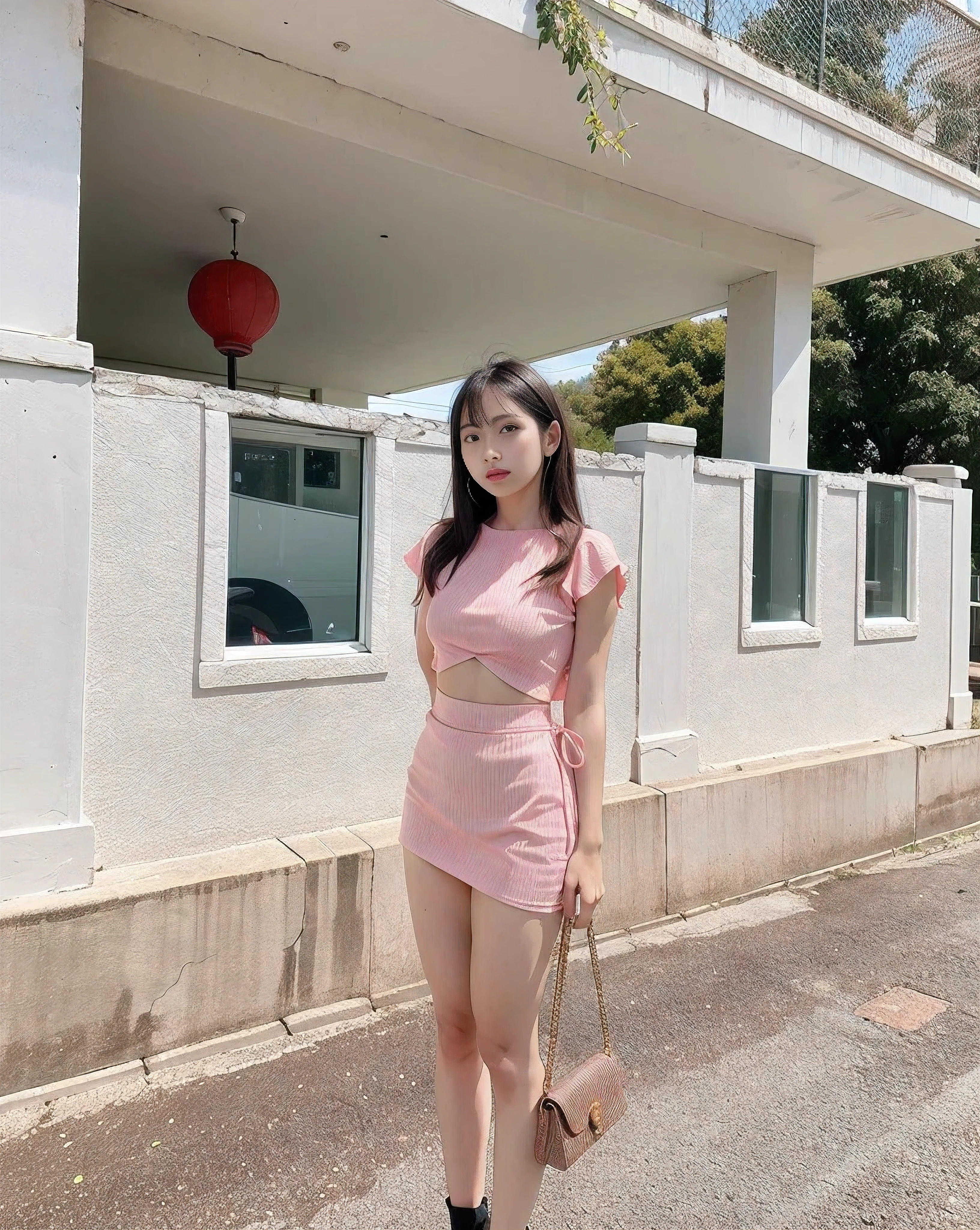 Araf woman in pink dress standing in front of white building, pink clothes, Wearing a two-piece swimsuit, 穿着pink clothes, Full body cute young lady, pink body, Wear a crop top and miniskirt, Pink thin waist and thick hips, korean girl, Pink tight mini skirt, Wear tight, simple clothes
