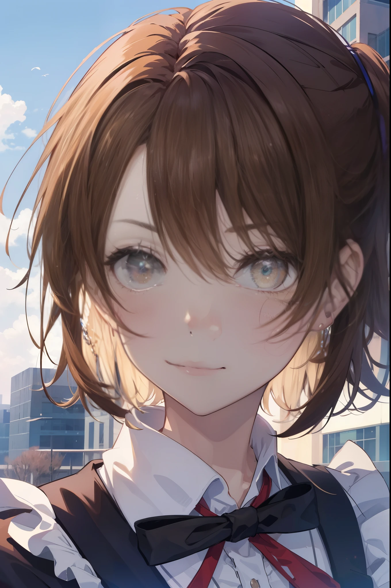 irohaisshiki, iroha isshiki, 長いhair,low ponytail, 薄い茶hair, (brown eyes:1.5), close your mouth,smile,skirtリフト, maid headドレス,cloth, hair, skirt, maid,walking,
break outdoors, In town,ビル街
break looking at viewer, (cowboy shot:1. 5)、break (masterpiece:1.2), highest quality, High resolution, unity 8k wallpaper, (shape:0.8), (fine and beautiful eyes:1.6), highly detailed face, perfect lighting, Very detailed CG, (perfect hands, perfect anatomy),