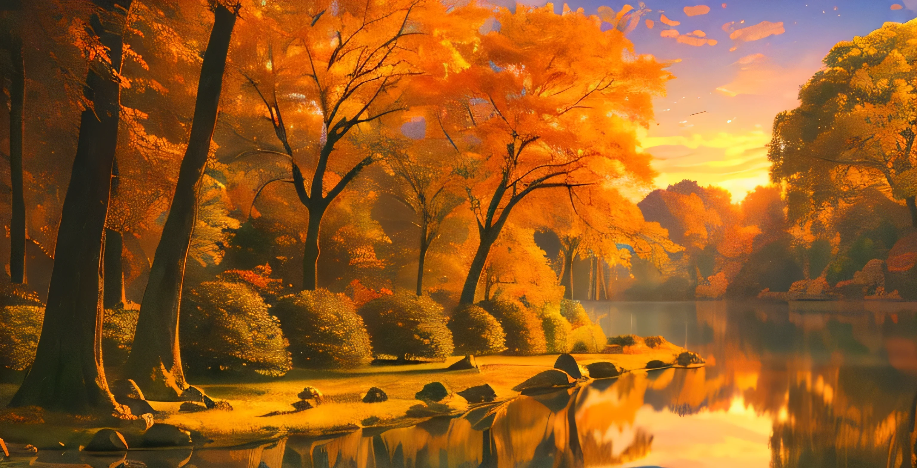 (highest quality,4k,8k,High resolution,masterpiece:1.2),super detailed,(realistic,photorealistic,photo-realistic:1.37),landscape,Bright colors,Bokeh,beautiful scenery,orange leaves,calm atmosphere,peaceful,quiet,airy leaves,dreamy lighting,rich green,majestic tree々,soft sunlight,ethereal,Emotional,artistic sense,harmonious composition,autumn atmosphere,calm atmosphere,invite,magical sight,ethereal landscape,quietity,awe-inspiring,peaceful retreat,魅惑的なlandscape,tranquility,harmony of nature and light.