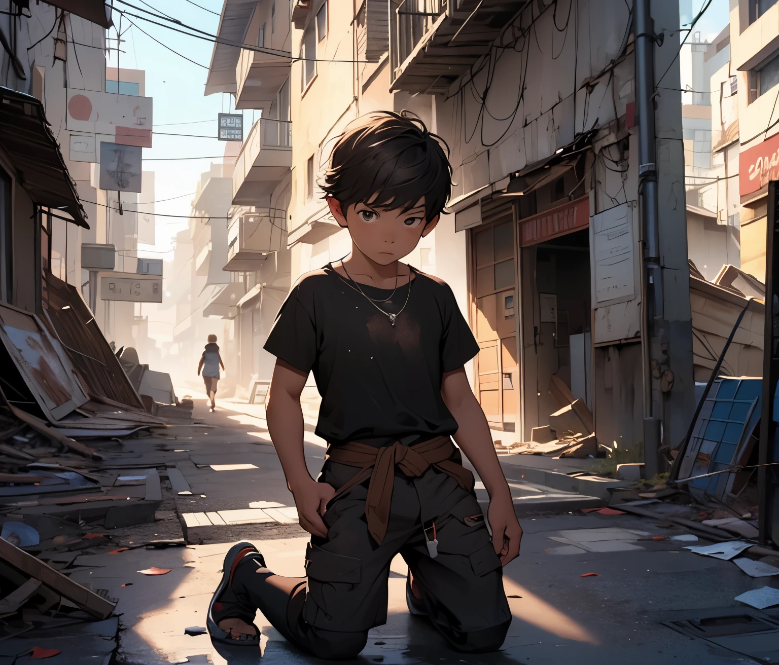 There is a 4-year-old boy in different positions looking for something in the streets, abandoned in the streets, he is wearing a damaged brown tunic, his clothes are dirty, he is hungry, he is kneeling on the floor of a poor city in ruins., camina perdido asustado