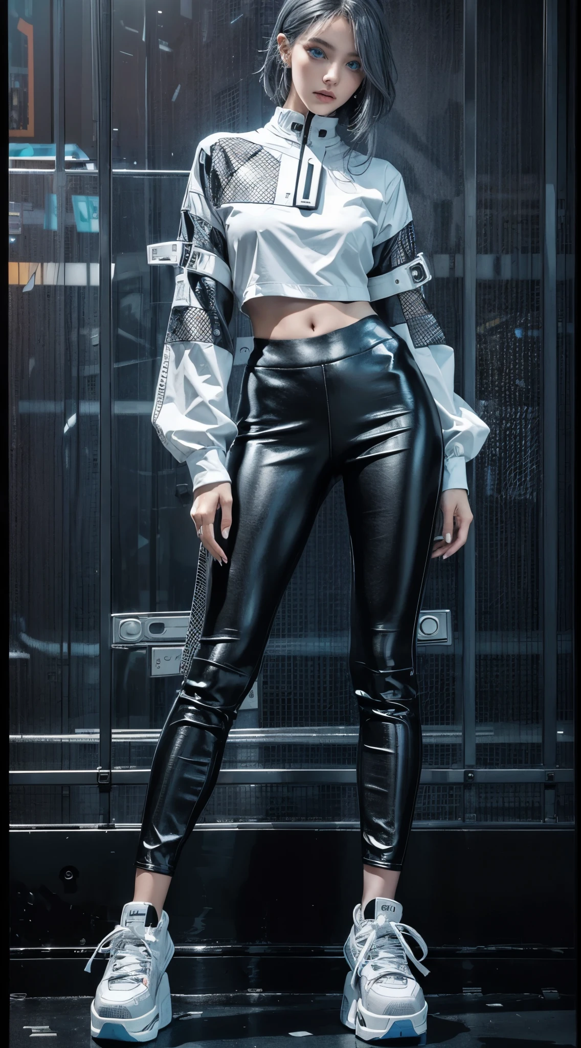 (fashion brand collection, beautiful grid, catalogue, multiple wear:1.6), highly detailed, beautiful, masterpiece, best quality, Geometric style, abstract beauty,1 girl, (all body shot, standing and posing:1.3), approaching perfection, digital painting, artstation, (concept art:1.3), illustration, white and black colors, Geometric patterns, abstract forms, Complex, surreal, (Artistic complicated background), BREAK (cyberpunk spring fusion:1.2), (futuristic monochrome style:1.2),
BREAK
(black high-collar blouse with shirt hem peeking out:1.2), (edgy cyberpunk detail:1.2),
BREAK
(white 7/8 length leggings:1.2), (streamlined design:1.2),
BREAK
(black chunky platform high-top sneakers:1.2), (bold urban style:1.2),
(ns:1.4), (revealing outfit:1.3),(gray hair, blue eyes:1.4),