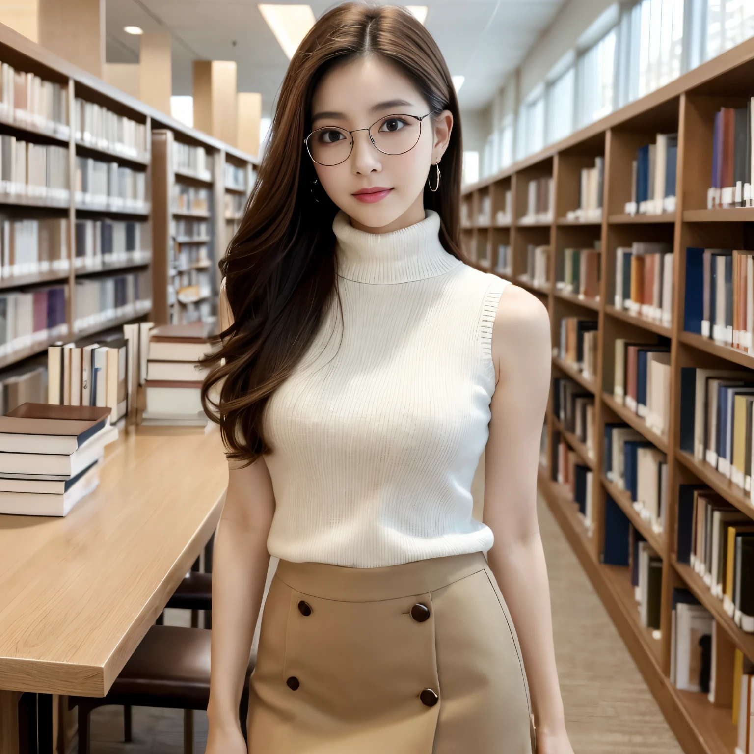 (highest quality、table top、8k、best image quality、Award-winning work)、one beautiful woman、25 years old、solo、perfect beautiful composition、Exactly、(emphasize body line:1.1)、(Perfect Turtleneck Sleeveless Knit Sweater:1.1)、(Elegant melton miniskirt:1.1)、(Perfect round elegant round glasses:1.1)、slender body、elegant and beautiful hairstyle、look at me and smile、(strongly blurred library background:1.1)、standing gracefully in the library、perfect and accurate bookshelf、(The most natural and perfect library interior:1.1)、natural makeup、Ultra high definition beauty face、ultra high definition hair、Super high-definition sparkling eyes、(Super high-definition shining pure white skin:1.1)、Super high resolution glossy lips、accurate anatomy、ultra high definition hair