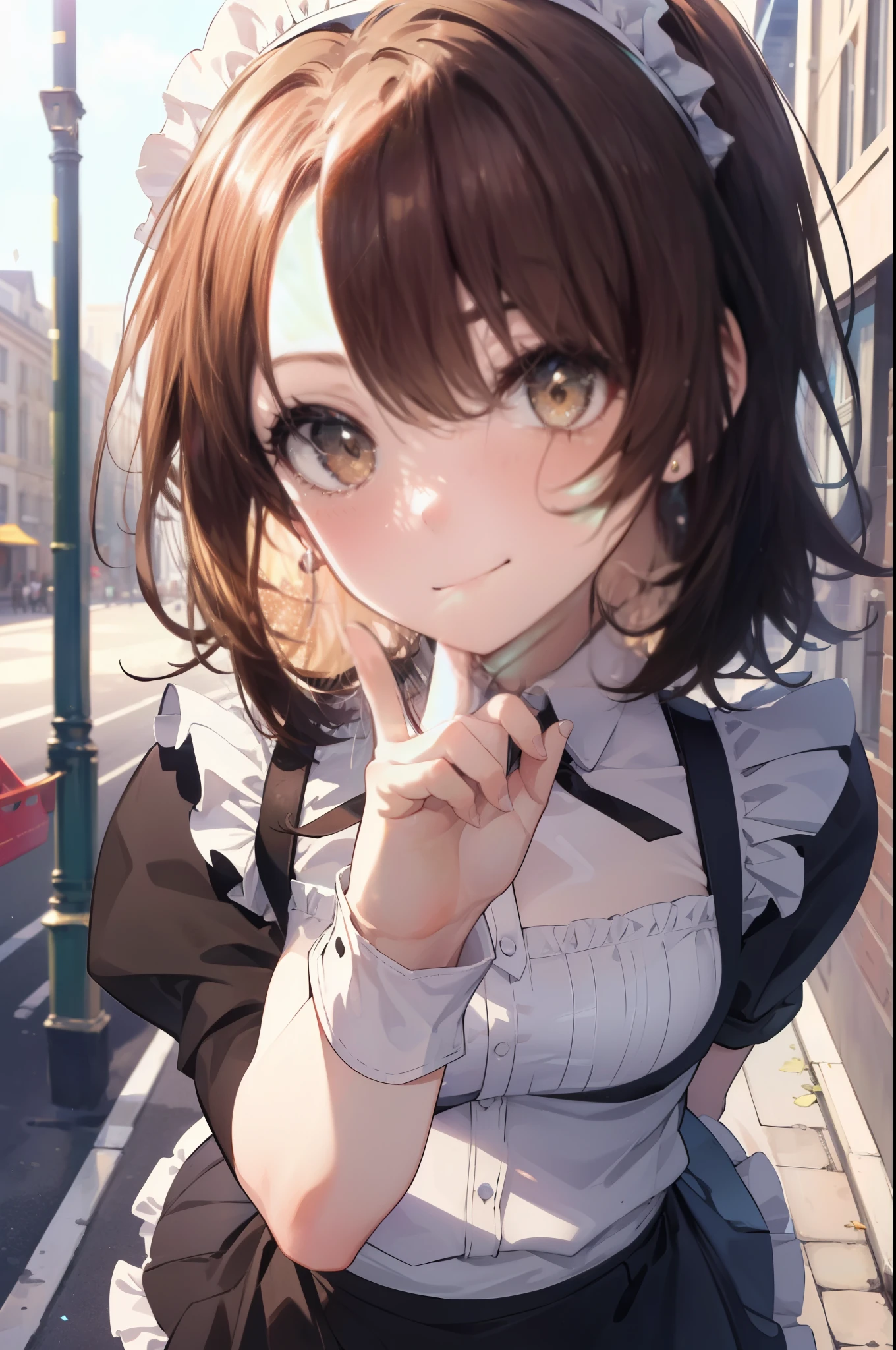 irohaisshiki, iroha isshiki, 長いhair,low ponytail, 薄い茶hair, (brown eyes:1.5), close your mouth,smile,skirtリフト, maid headドレス,cloth, hair, skirt, maid,walking,
break outdoors, In town,ビル街
break looking at viewer, (cowboy shot:1. 5)、break (masterpiece:1.2), highest quality, High resolution, unity 8k wallpaper, (shape:0.8), (fine and beautiful eyes:1.6), highly detailed face, perfect lighting, Very detailed CG, (perfect hands, perfect anatomy),
