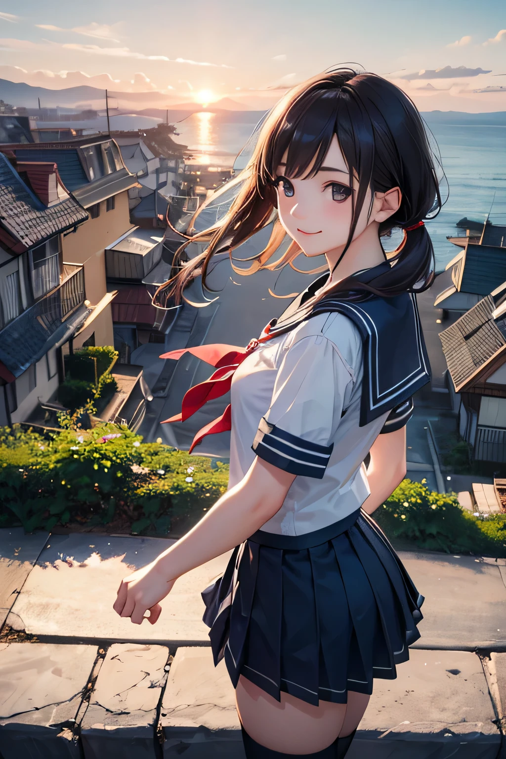 A very cute and beautiful high school girl looking at the sea on the hill,(very detailed美しい顔),
(smile),cowboy shot,(sailor suit,navy blue pleated mini skirt),black hair,low twin tails,zettai ryouiki,
(While looking at the sea,From the top of the hill),There are many houses with red roofs,detailed landscape,
(highest quality,masterpiece:1.2),disorganized,High resolution,super detailed,very detailed,32K,8K resolution,
intricate details,movie-like scene,detailed background,alone,dynamic angle,
Natural light,hair blowing in the wind,beautiful and detailed sky,(realistic),perfect hands,