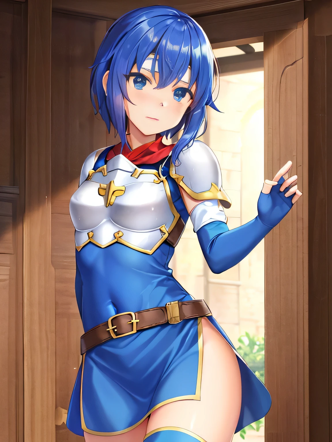 (Animated:1.2),Katria_echo,18-year-old,blue hair,short hair,cute,(white headband:1.5),blue eyes,(breastplate:1.5), (blue short dress:1.5), belt,(blue short dress:1.5),covered navel,blue thigh boots,(side slit:1.5),(blue elbow gloves:1.5),fingerless gloves,Blue Long Boots,blush,small, thin waist, tight, normal breasts, shiny scarf:1.5),(middle ages:1.5),ancient capital,(最high quality:1.5),(masterpiece:1.5),high quality, very high resolution, natural skin texture
