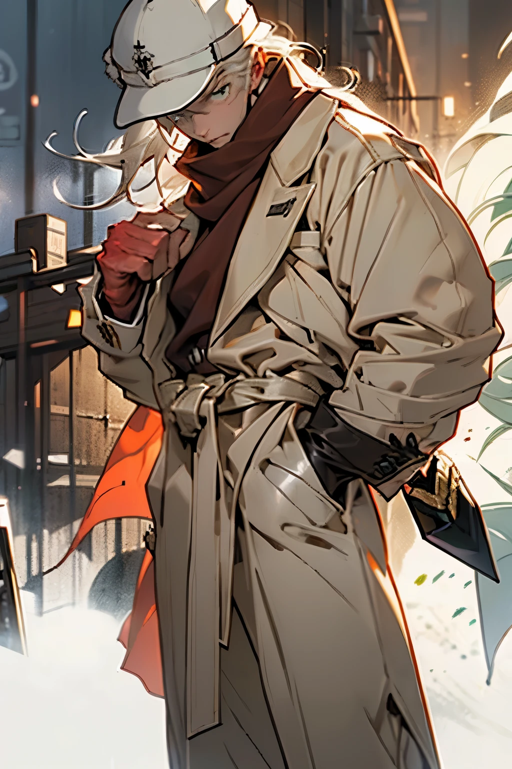 One with a hat、Drawing of man in coat putting hands on face, long white hair,beige hat,Beige trench coat,Golden green eyes,earthy red scarf,fair skin,black leather gloves ,dark background,Two-dimensional style