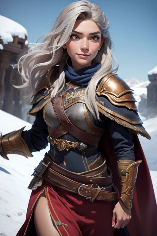  young warrior woman of nordic descent, cuerpo completo, sonriendo, piel detallada, muy detallado, cinematic lighting, ultra realista, rubor, Mirando al espectador, Anna, Princesa, Disney, By the chestnut, pelo largo, retrato, exterior, nieve, falda de piel, cuerpo completo, top con correa de cuero, blue gray and brown suit.