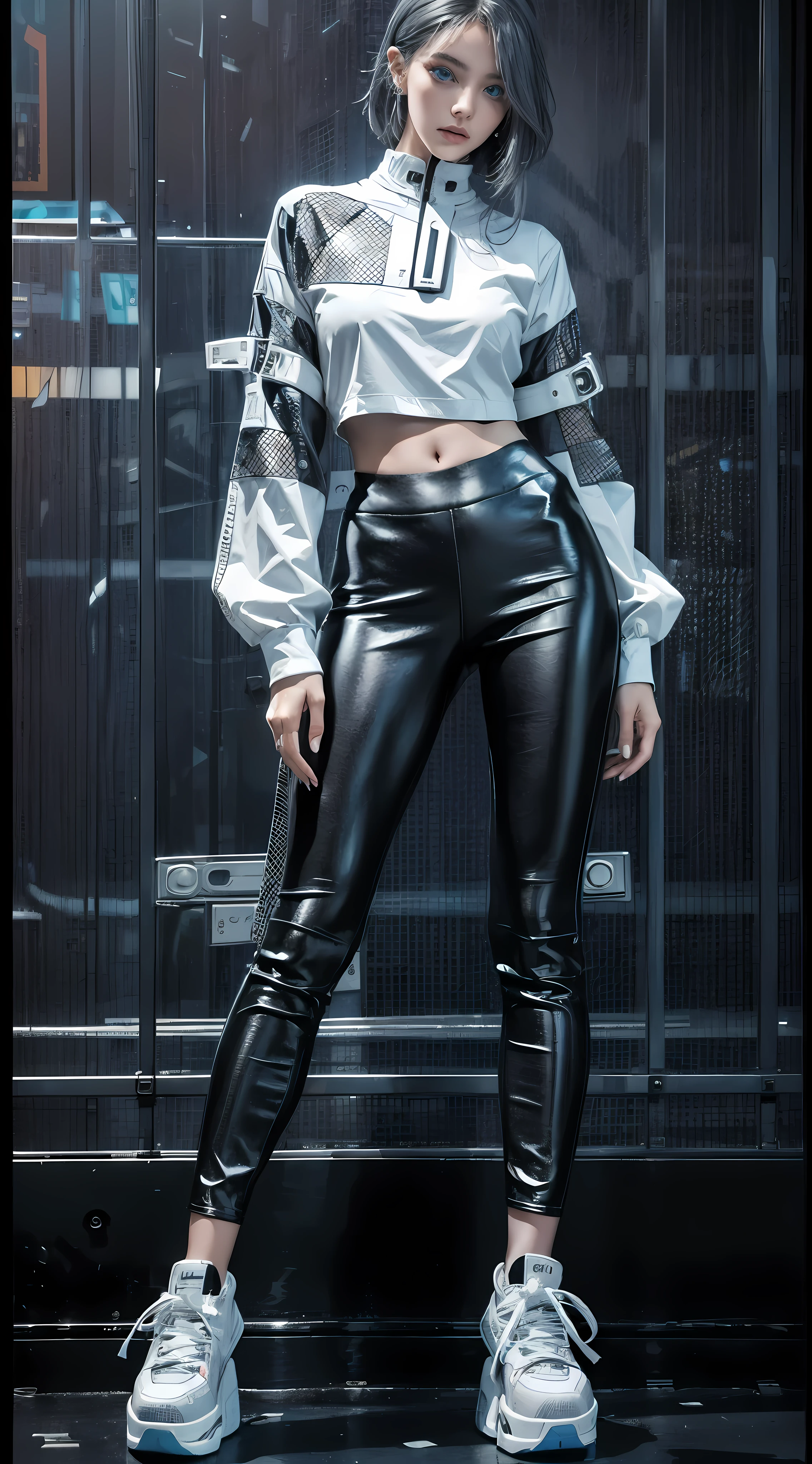 (fashion brand collection, beautiful grid, catalogue, multiple wear:1.6), highly detailed, beautiful, masterpiece, best quality, Geometric style, abstract beauty,1 girl, (all body shot, standing and posing:1.3), approaching perfection, digital painting, artstation, (concept art:1.3), illustration, white and black colors, Geometric patterns, abstract forms, Complex, surreal, (Artistic complicated background), BREAK (cyberpunk spring fusion:1.2), (futuristic monochrome style:1.2),
BREAK
(black high-collar blouse with shirt hem peeking out:1.2), (edgy cyberpunk detail:1.2),
BREAK
(white 7/8 length leggings:1.2), (streamlined design:1.2),
BREAK
(black chunky platform high-top sneakers:1.2), (bold urban style:1.2),
(ns:1.4), (revealing outfit:1.3),(gray hair, blue eyes:1.4),