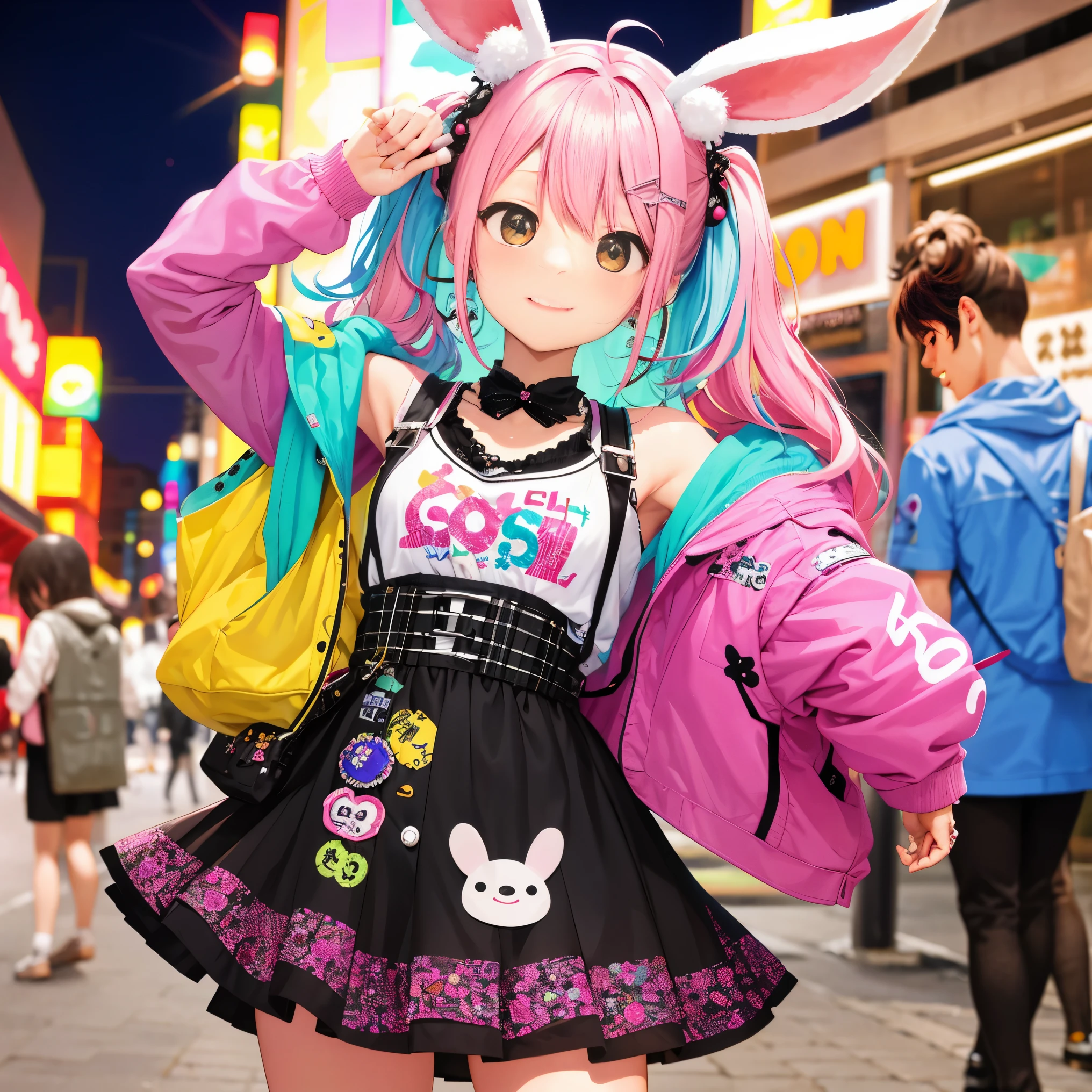 "Decora street fashion style single girl, rock crazy harajuku style. she'I'Iはレッグウォーマーと大きなプラットフォームシューズを履いています., sheの髪は愛らしいおさげにスタイリングされています. Set at night, hairpin, accessories, Rabbit ears with a pattern on the inside, striped "