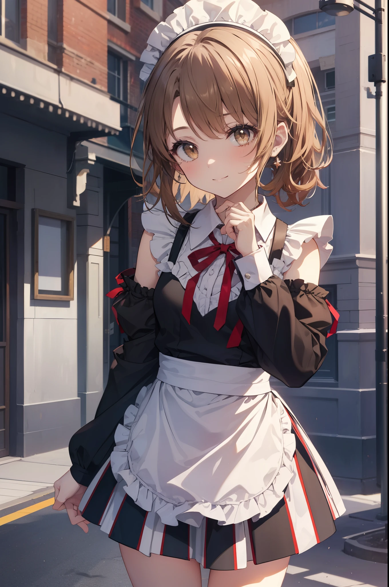 irohaisshiki, iroha isshiki, 長いhair,low ponytail, 薄い茶hair, (brown eyes:1.5), close your mouth,smile,skirtリフト, maid headドレス,cloth, hair, skirt, maid,walking,
break outdoors, In town,ビル街
break looking at viewer, (cowboy shot:1. 5)、break (masterpiece:1.2), highest quality, High resolution, unity 8k wallpaper, (shape:0.8), (fine and beautiful eyes:1.6), highly detailed face, perfect lighting, Very detailed CG, (perfect hands, perfect anatomy),