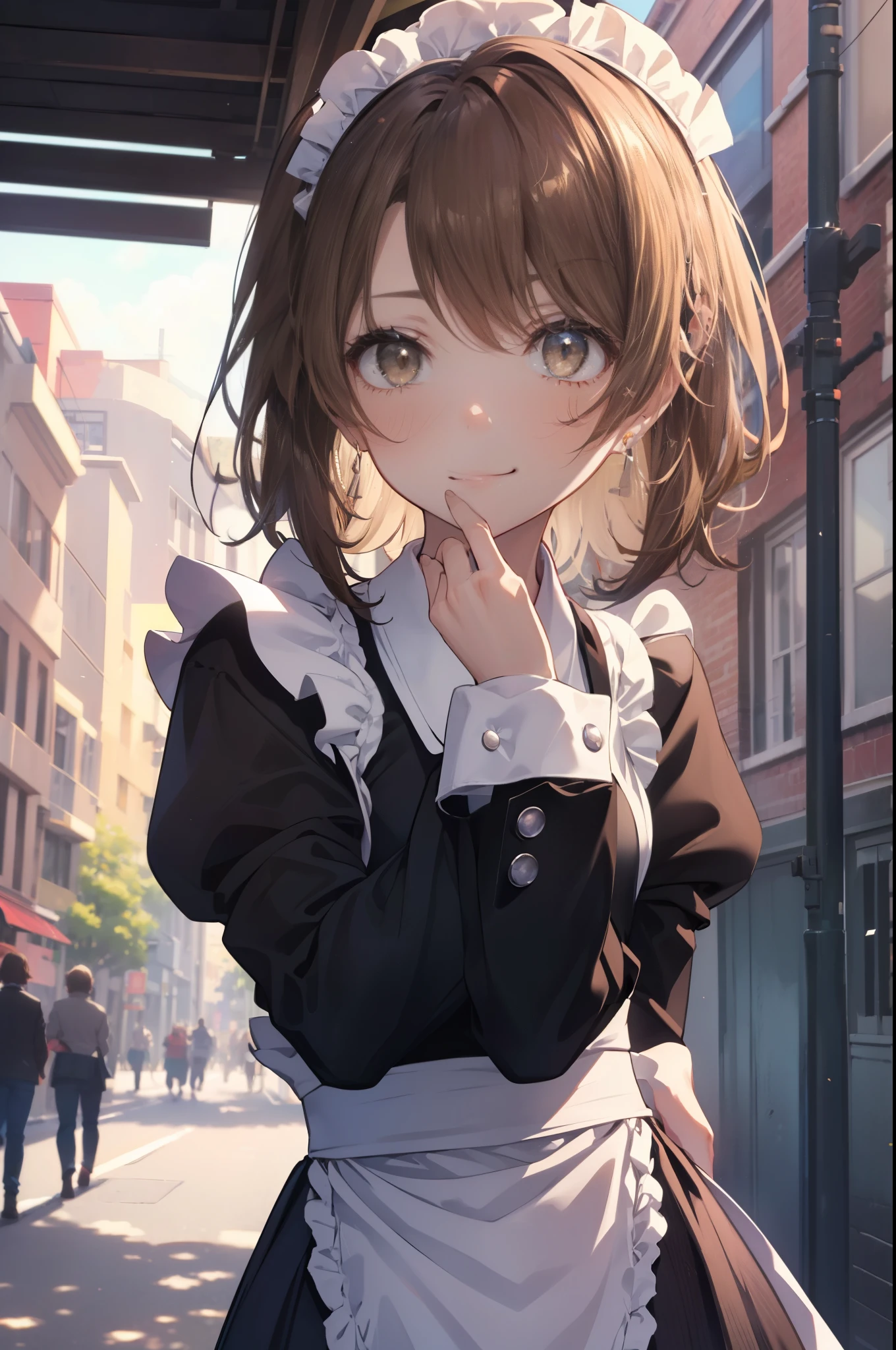 irohaisshiki, iroha isshiki, 長いhair,low ponytail, 薄い茶hair, (brown eyes:1.5), close your mouth,smile,skirtリフト, maid headドレス,cloth, hair, skirt, maid,walking,
break outdoors, In town,ビル街
break looking at viewer, (cowboy shot:1. 5)、break (masterpiece:1.2), highest quality, High resolution, unity 8k wallpaper, (shape:0.8), (fine and beautiful eyes:1.6), highly detailed face, perfect lighting, Very detailed CG, (perfect hands, perfect anatomy),