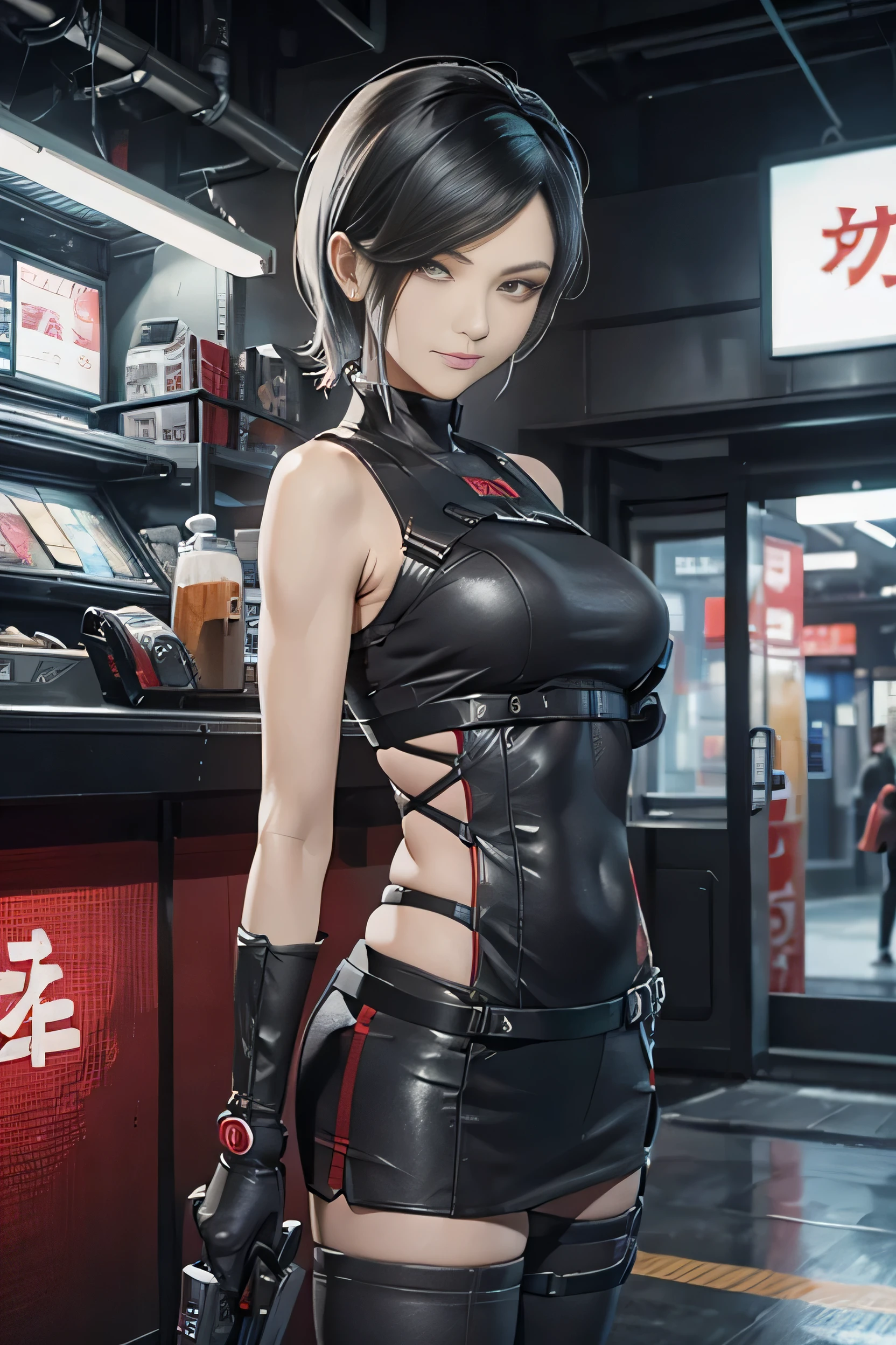 (Resident Evil Ada 1.5),expensive, chest,Has a well-proportioned body shape,{{{chopped}}},black tank top,日本warior,warior盔甲,woman warior,{{{cyberpunk city}}},expensive家,{{{neon light}}},highest quality,cyberpunk city,wario