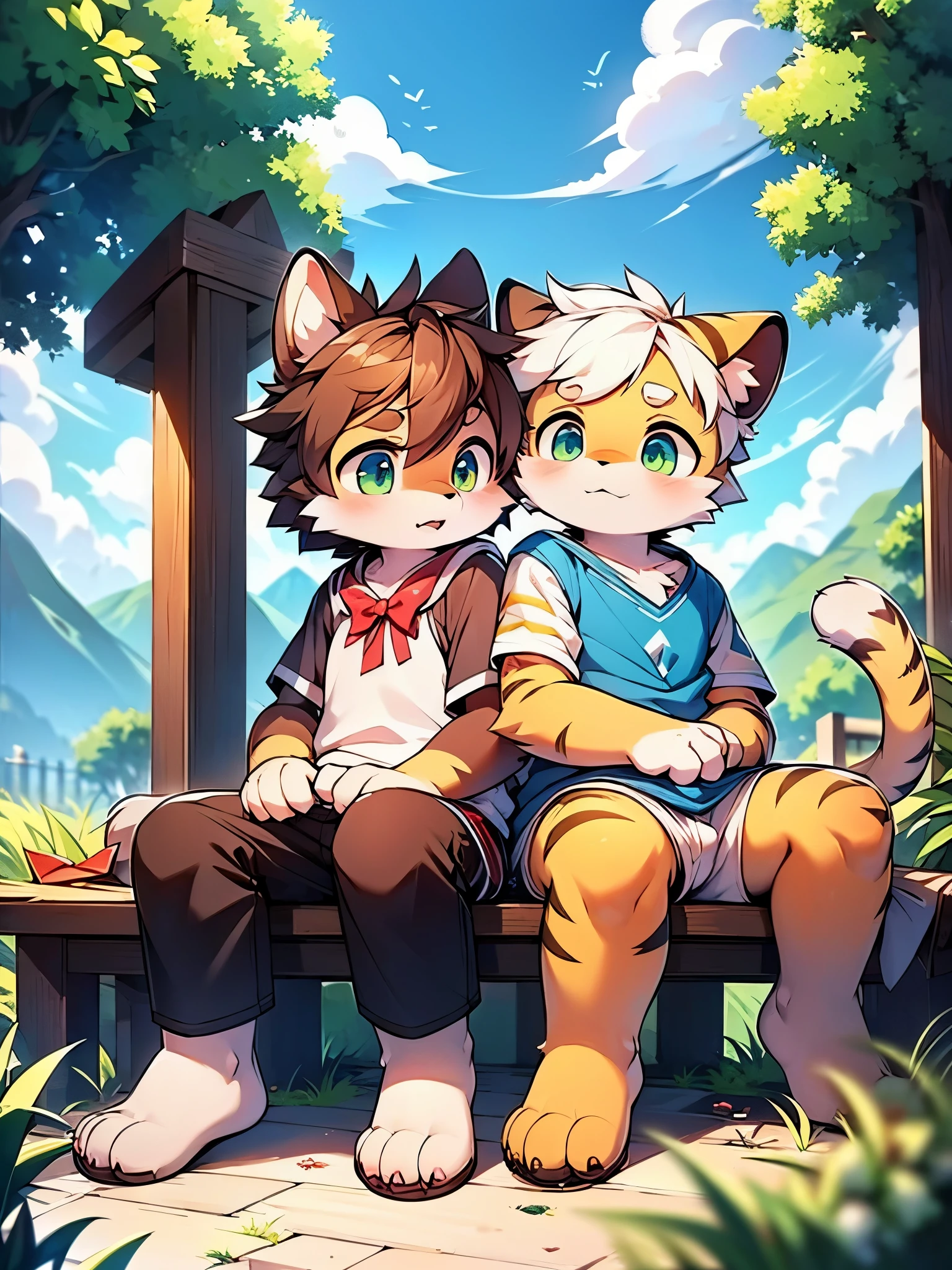 A tiger and a dog, little boys, cute, white hair, big green eyes, blue T-shirt, white shorts, red bow tie, sitting on a bench, on the beach, surrounded by mountains, at noon, white clouds, bright sunshine, brilliant light and shadow, fine facial depiction, correct hand depiction, accurate detail depiction, 4K ultra clear