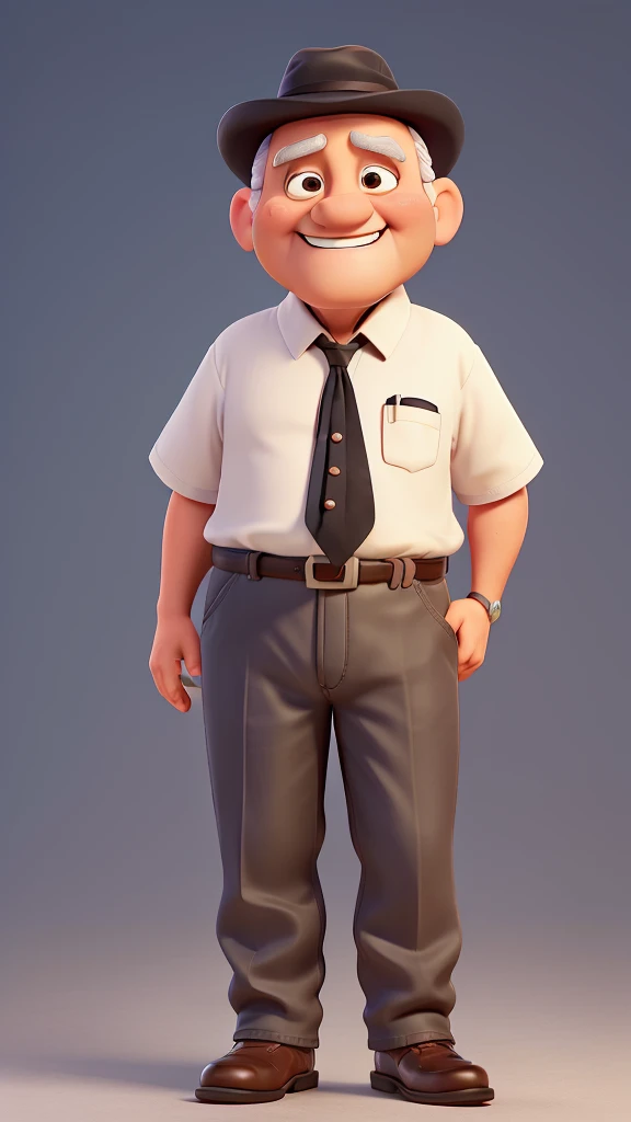 Create a beautiful Disney Pixar style scene of a handsome, chubby, bald, sixty-year-old man, with black hair and a black hat, smiling, no beard, light brown eyes, wearing a white short-sleeved dress shirt and dark blue jeans with a black belt. He is wearing brown leather boots and is leaning on a silver cane. pixar 3d.