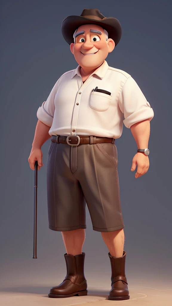 Create a beautiful Disney Pixar style scene of a handsome, chubby, bald, sixty-year-old man, with black hair and a black hat, smiling, no beard, light brown eyes, wearing a white short-sleeved dress shirt and dark blue jeans with a black belt. He is wearing brown leather boots and is leaning on a silver cane. pixar 3d.