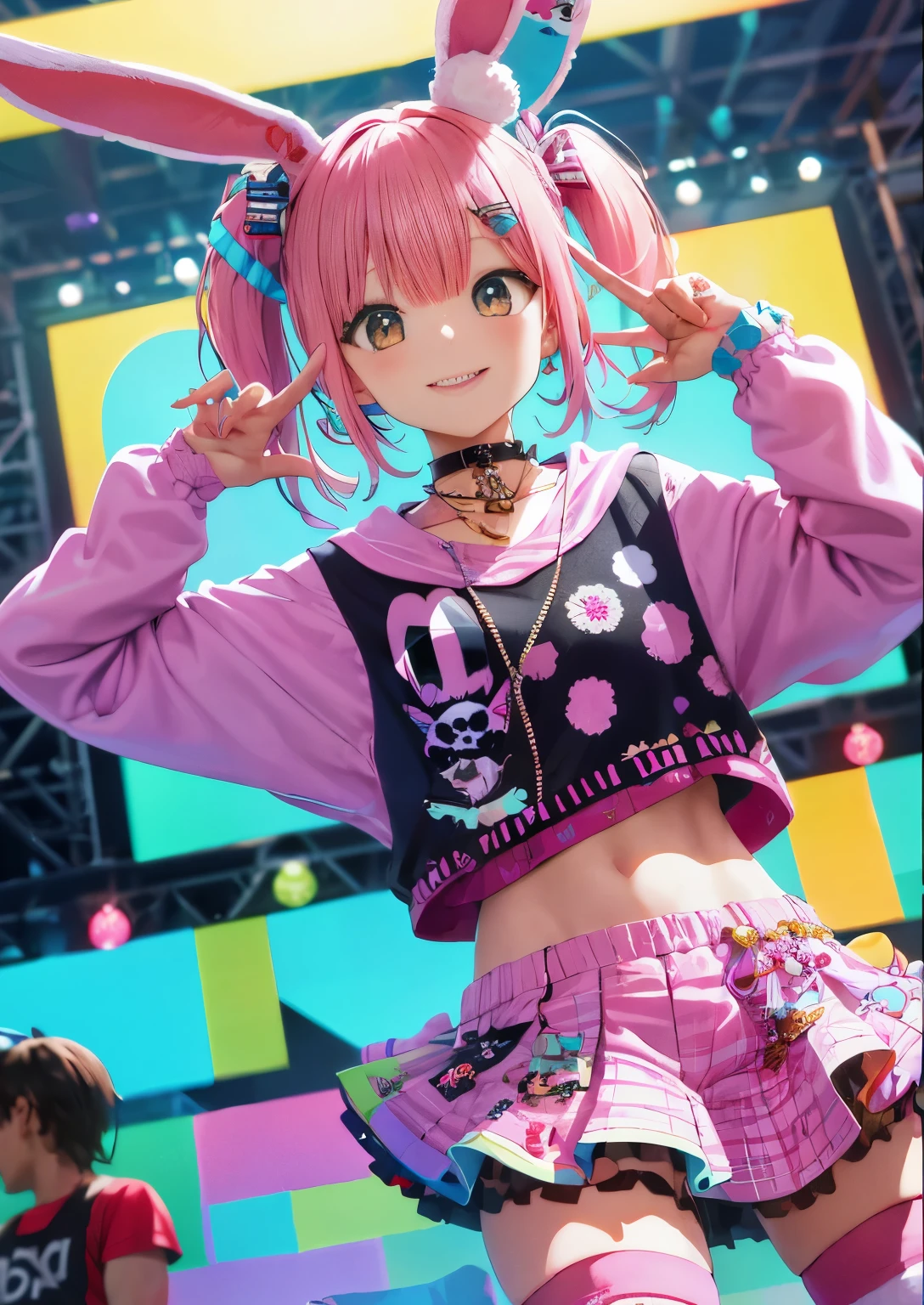 "Decora street fashion style single girl, rock crazy harajuku style. she&#39;I&#39;m wearing leg warmers and big platform shoes., sheの髪は愛らしいおさげにスタイリングされています. The stage is night, hairpin, accessories, Rabbit ears with a pattern on the inside, striped "