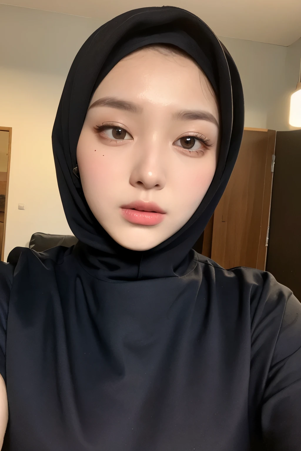 ((Top quality, 8k, Masterpiece: 1.3)), portrait of a 23 year old girl wearing hijab, beauty, hidden face, 1 girl, beauty: 1.3, slender abs: 1.1, large men's shirt (loose: 1.4) exposed, full chest, ultra-detailed face, highly detailed lips, detailed eyes, double eyelids, strict head and body ratio: 1.5, decent clothing, covered clothing