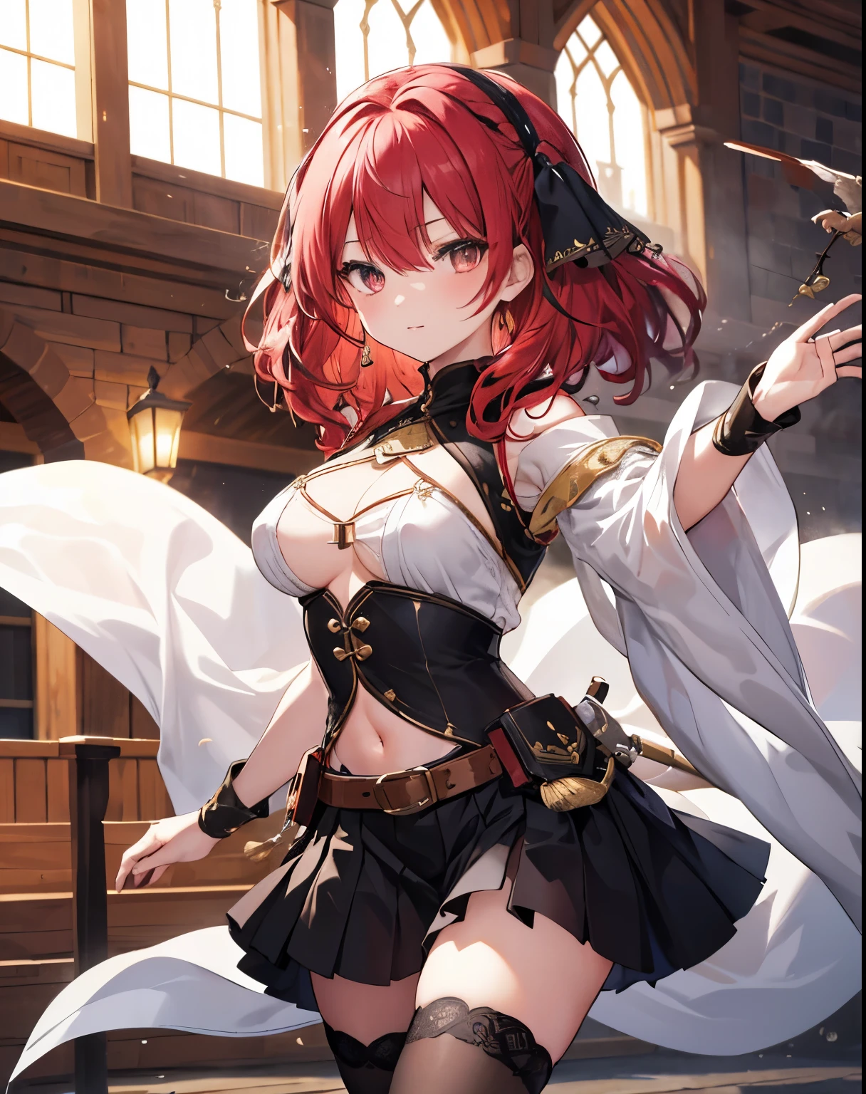 masterpiece,1girl, sparrow, a crimson haired girl, wearing a medieval arabian villager clothes, curly medium hair, messy hair, black skirt, slim body, medium , she close her left eye, shirt ornament, lolippaair ribbon, innocent face, beautiful breasts, roreasts, zamrud eyated skirt, she is dancing, navel, miniskirt