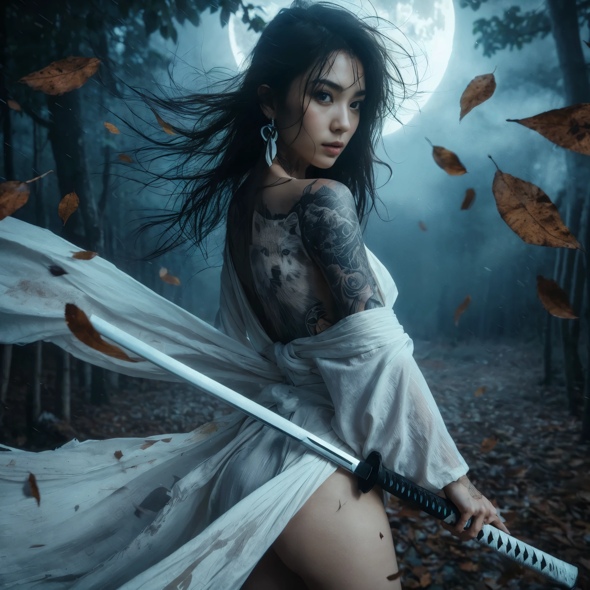 full body super angle shot,fish eyes,a beautiful asian woman,wearing a white very thin and shabby kimono,hair blowing in the wind,tatoo on body,hold white katana, with white wolf,perfectly proportional body,fallen leaves drop,forest background,dark night,big moon,very detail,detail on face,ultra HD,epicrealism,atmospheric impressionism,bokeh,film dramatic realism,pre-raphaelite realism,photography realism, soft focus realism --ar 36:61 --stylize 750 --v6, Midjourney style V6.