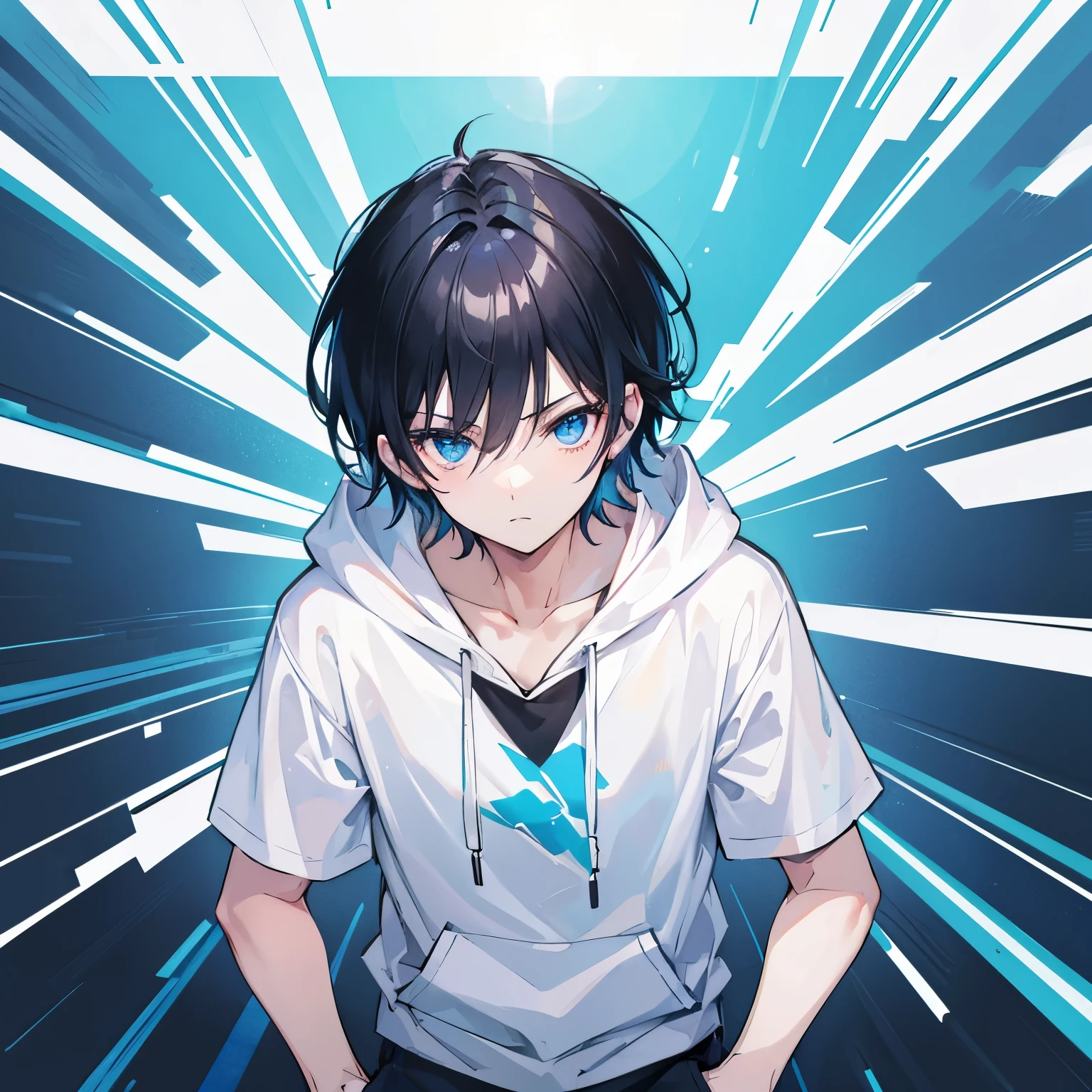 Man Cute Black hair Short hair Blue eyes White shirt Black hoodie Blue pants White background College student Anime style Front view Be careful Standing tall