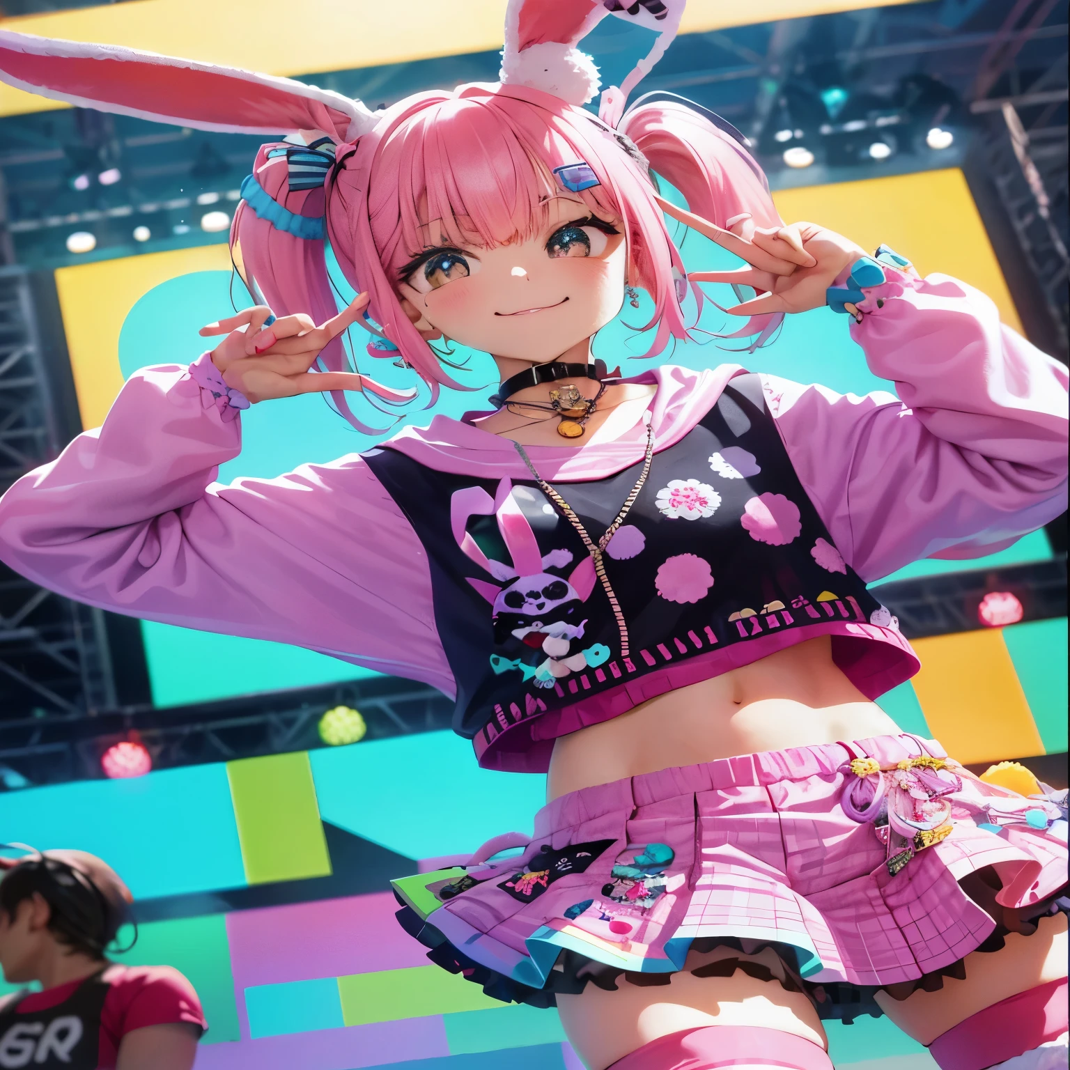 "Decora street fashion style single girl, rock crazy harajuku style. she'I'm wearing leg warmers and big platform shoes., sheの髪は愛らしいおさげにスタイリングされています. The stage is night, hairpin, accessories, Rabbit ears with a pattern on the inside, striped "