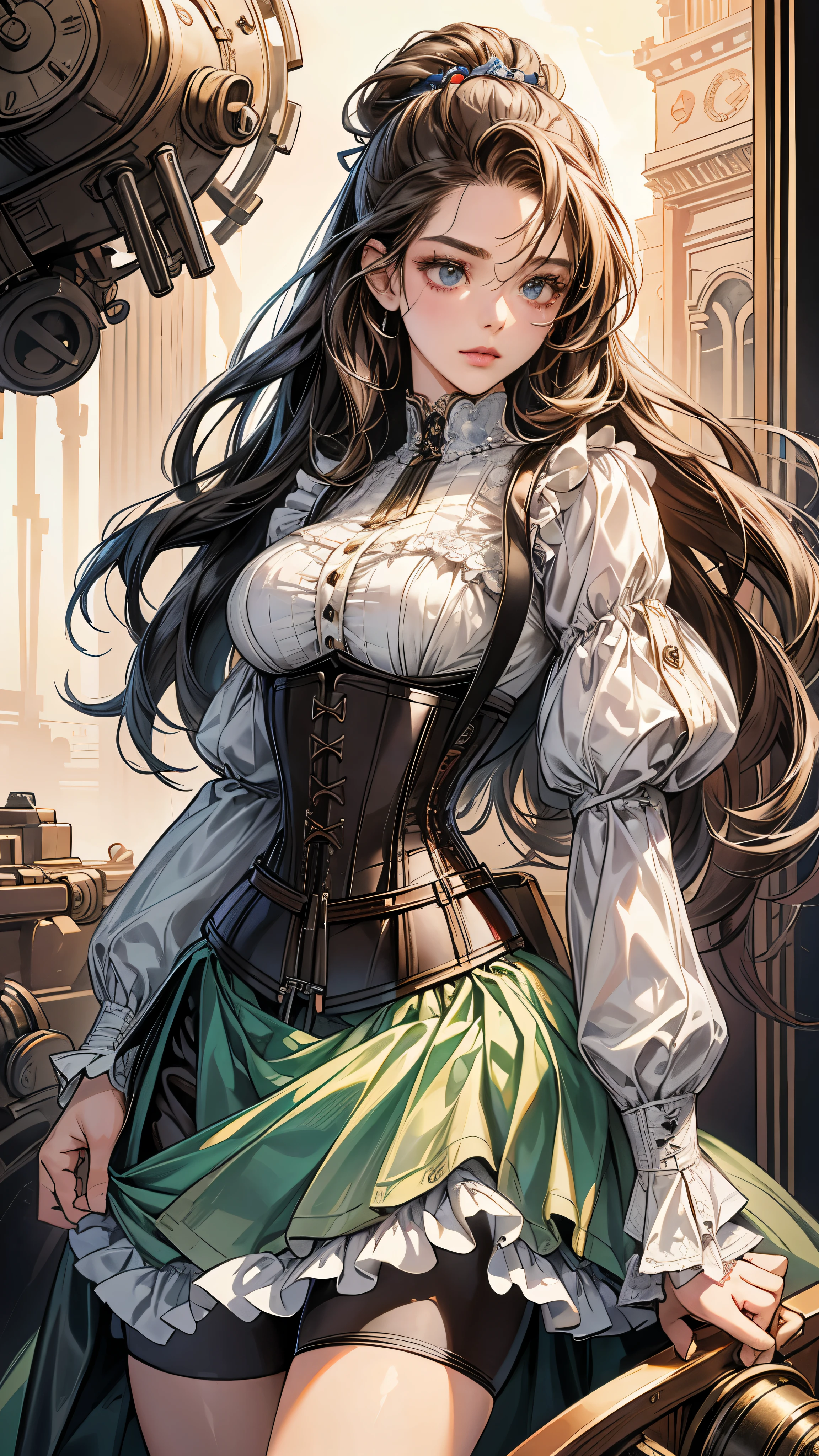 (((masterpiece)))、((highest quality))、(Super detailed)、(CG illustration)、(so beautiful ))、cinematic light、(((1 Mechanical Girl)))、 SF、Apocalypse、erotic grotesque、(beautiful and luxurious:1.2)、(1 girl:1.3)、facing the front, (double breasted,under bust:1.2), gap between buttons,(((corset belt))),(((high waist mini skirt,)))