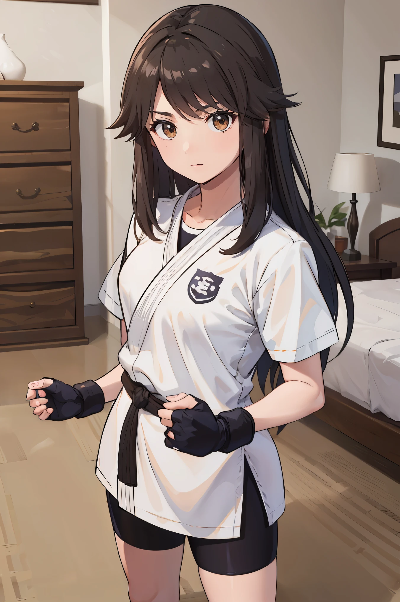 masterpiece,best quality, highres, ultra-detailed, perfect face, bbleaf, long hair, black hair, brown eyes, sidelocks, eyelashes, white dougi, white sleeves, short sleeves, black belt martial arts, bike shorts, room, bedroom, indoors, looking at viewers, standing, 