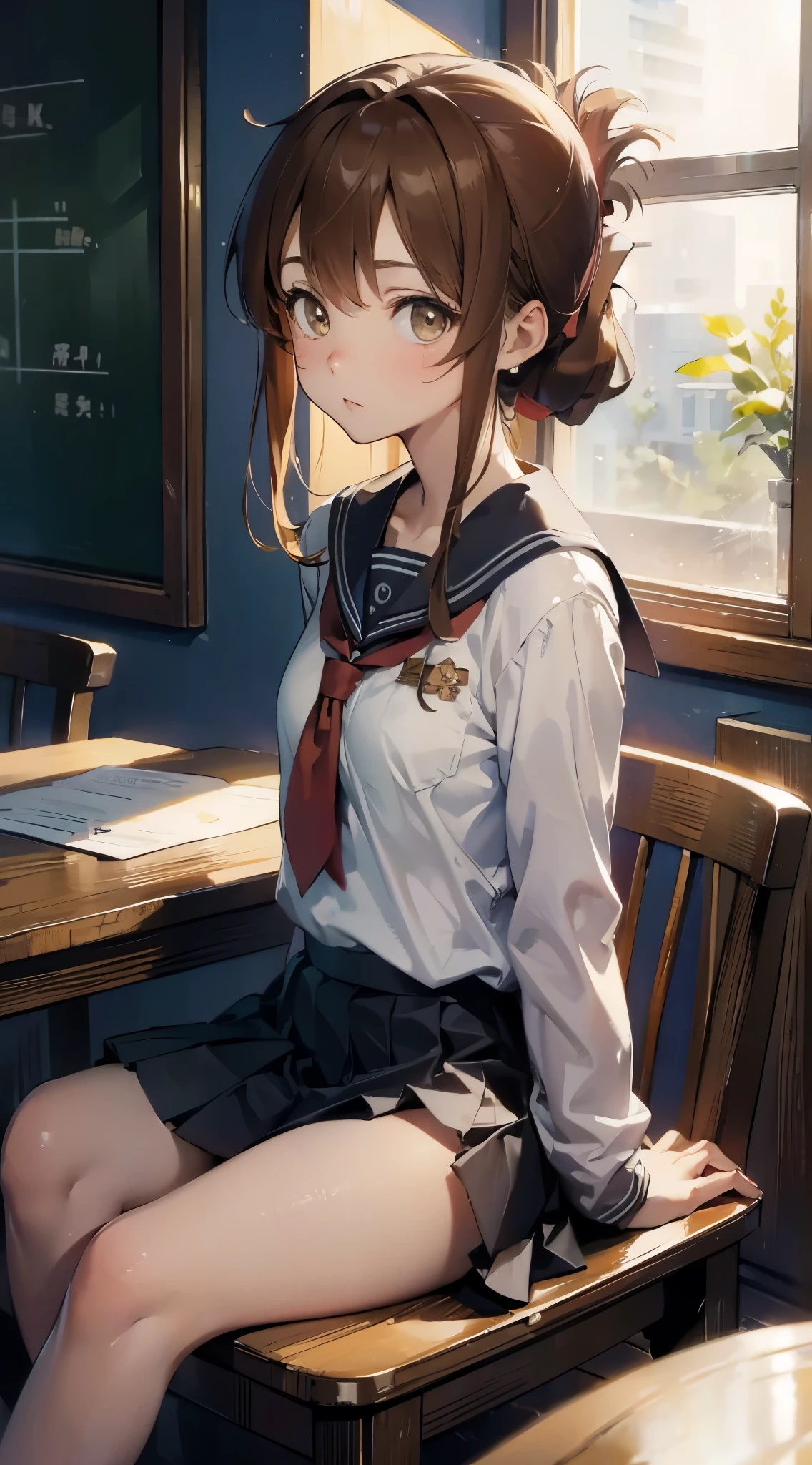 (masterpiece, best quality:1.2),illustration,8k,hd,1girl,solo,upper body,(portrait:1.2),brown_hair,folded_ponytail,brown_eyes,serafuku,long_hair,school_uniform,skirt,pleated_skirt,