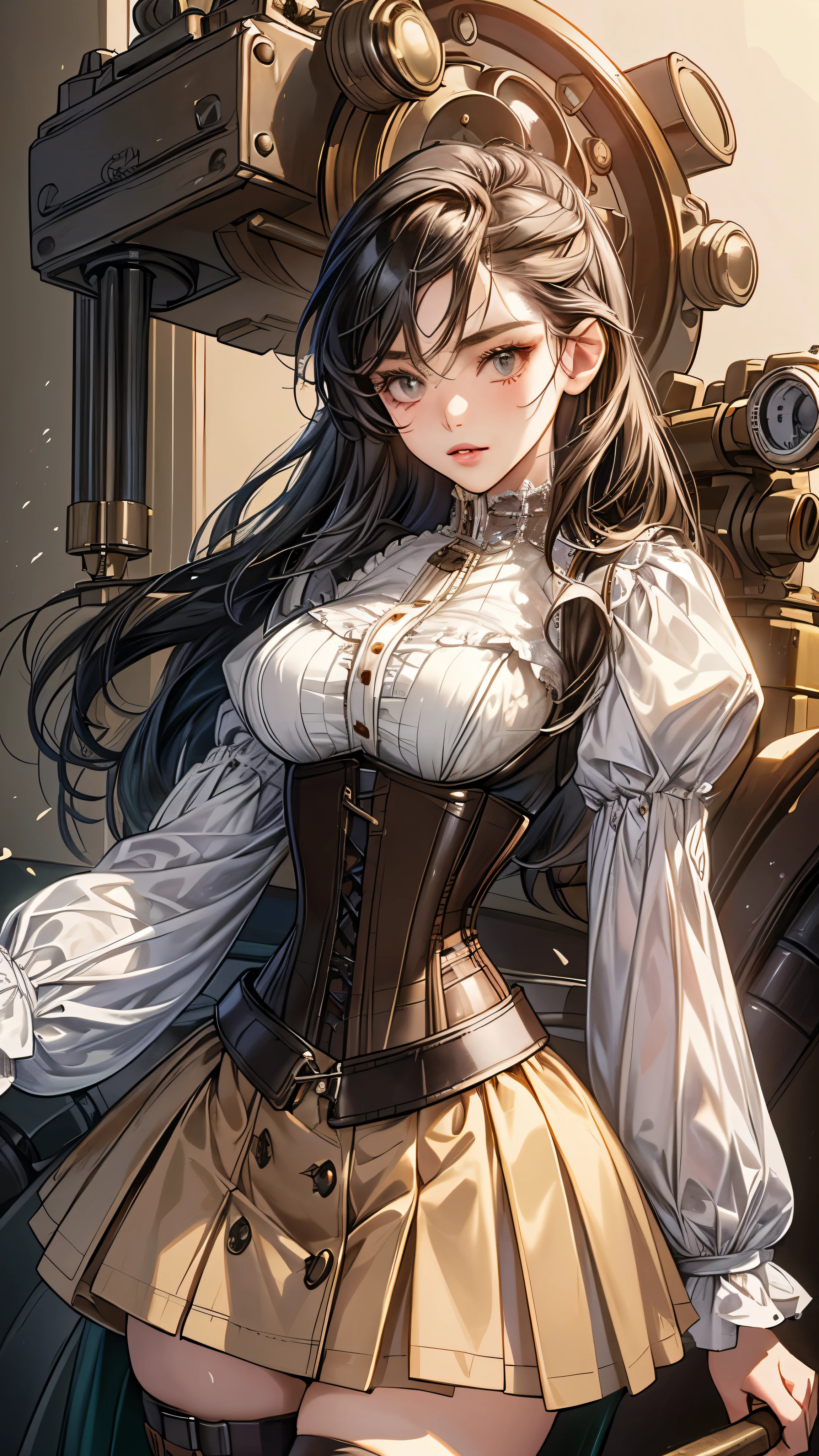 (((masterpiece)))、((highest quality))、(Super detailed)、(CG illustration)、(so beautiful ))、cinematic light、(((1 Mechanical Girl)))、 SF、Apocalypse、erotic grotesque、(beautiful and luxurious:1.2)、(1 girl:1.3)、facing the front, (double breasted,under bust:1.2), gap between buttons,(((corset belt))),(((high waist mini skirt,)))